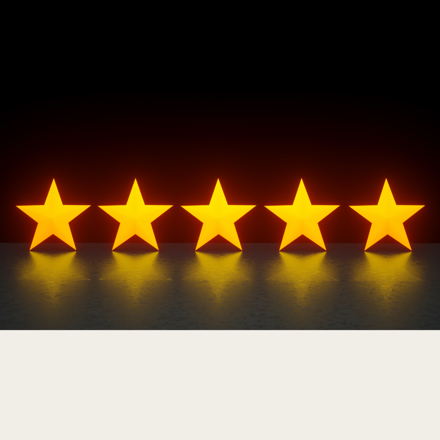 Five glowing orange stars in a row on a dark background, with reflections on the surface below.