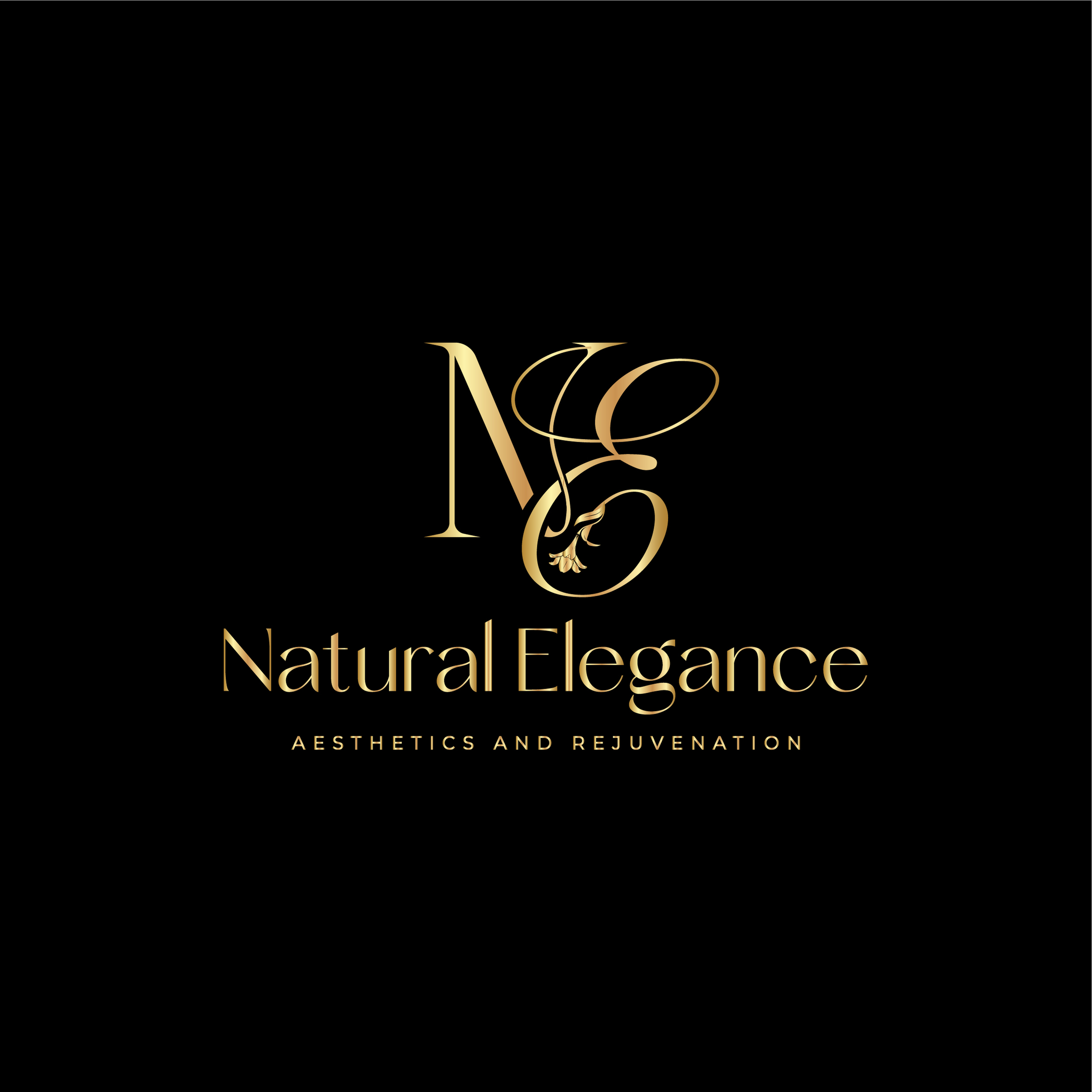 Logo for Natural Elegance with gold text and design on a black background, featuring the initials N and E intertwined, with the tagline "Aesthetics and Rejuvenation."