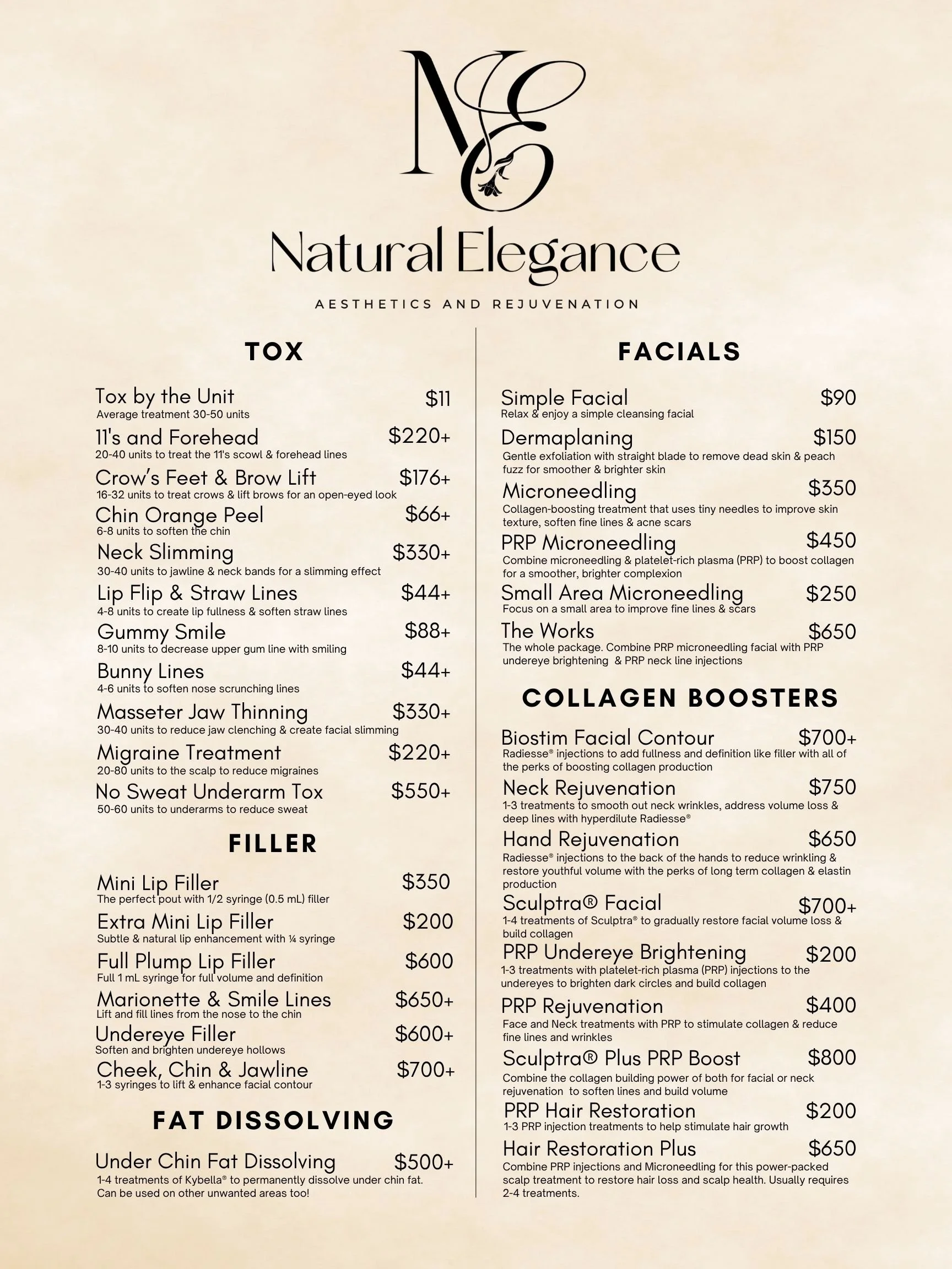Aesthetic skincare menu for Natural Elegance offering treatments in TOX, FACIALS, COLLAGEN BOOSTERS, FILLER, FAT DISSOLVING, with prices listed for each service.