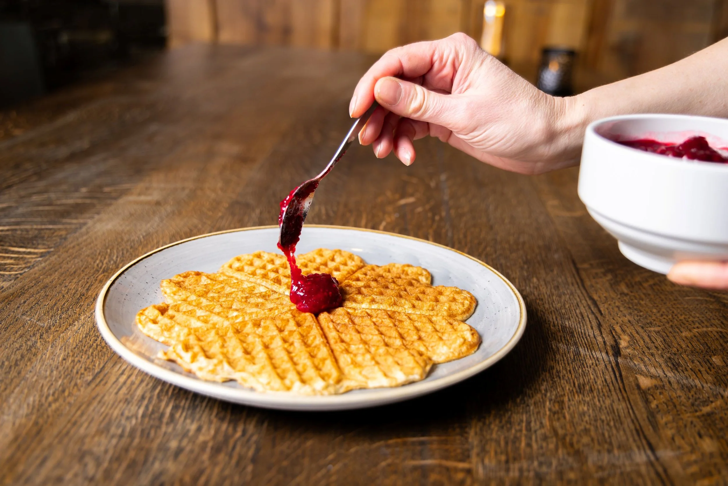 Norwegian waffles served in Fjord Bistro