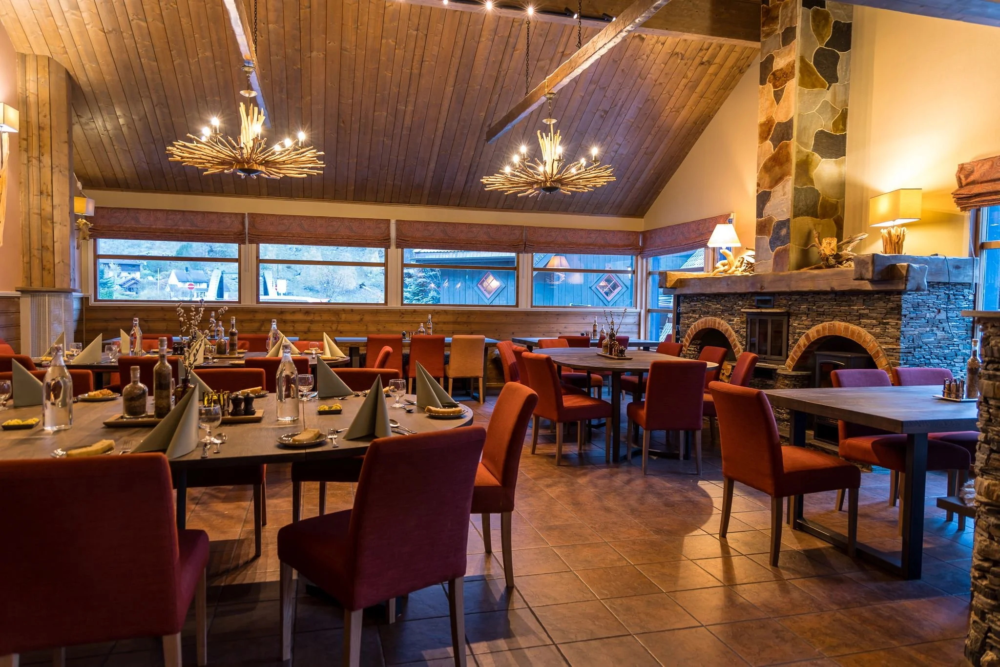 Interior of atmospheric and rustic Peisestova connected to Flåm Restaurant