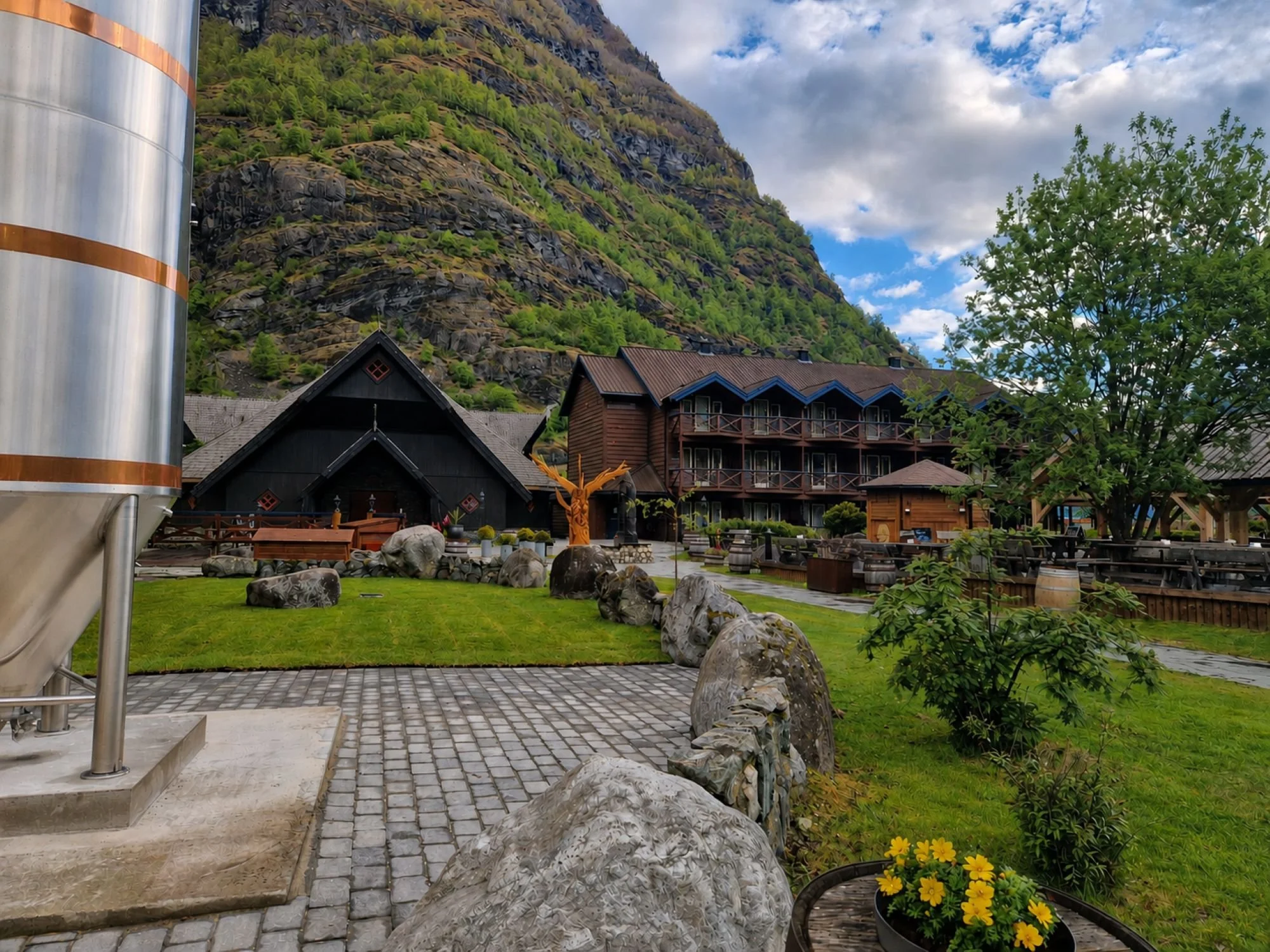 The vibrant Beer Garden at Flåmsbrygga, outside Ægir Gastropub