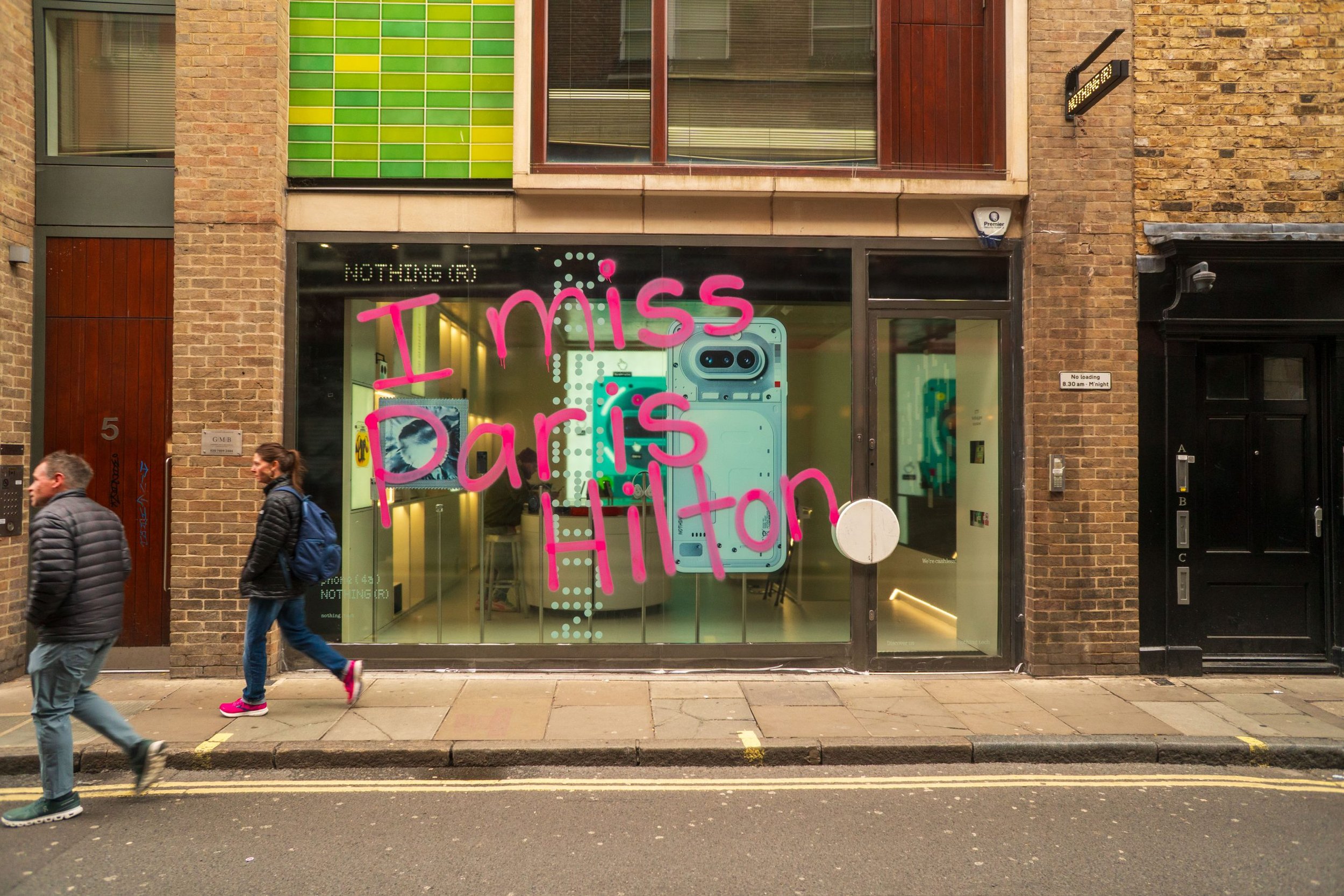 Nothing’s London storefront with “I miss Paris Hilton” written across the window