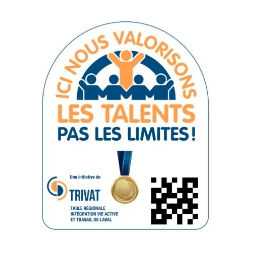 Affiche promotionnelle du TRIVAT, avec un groupe de personnes stylisées en haut, un médaillon or, un code QR, et un message en français encourageant la valorisation des talents au-delà des limites.