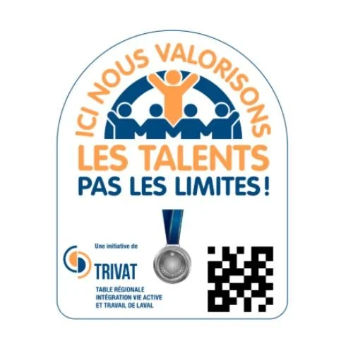 Affiche promotionnelle pour l'initiative Trivat avec un groupe de personnes stylisées, un médaillon et un code QR