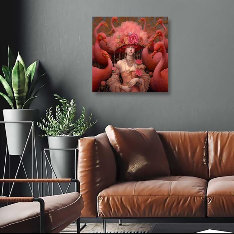 A beautiful woman dressed in pink surrounded by majestic flamingos mounted on a grey wall in a room with grey walls and a brown leather couch