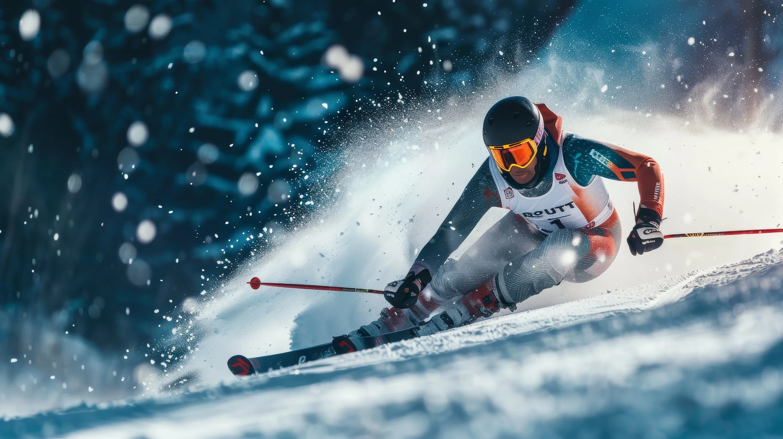 Adult alpine racer carving a turn through snow spray, illustrating Kirkwood Ski Education Foundation Masters training