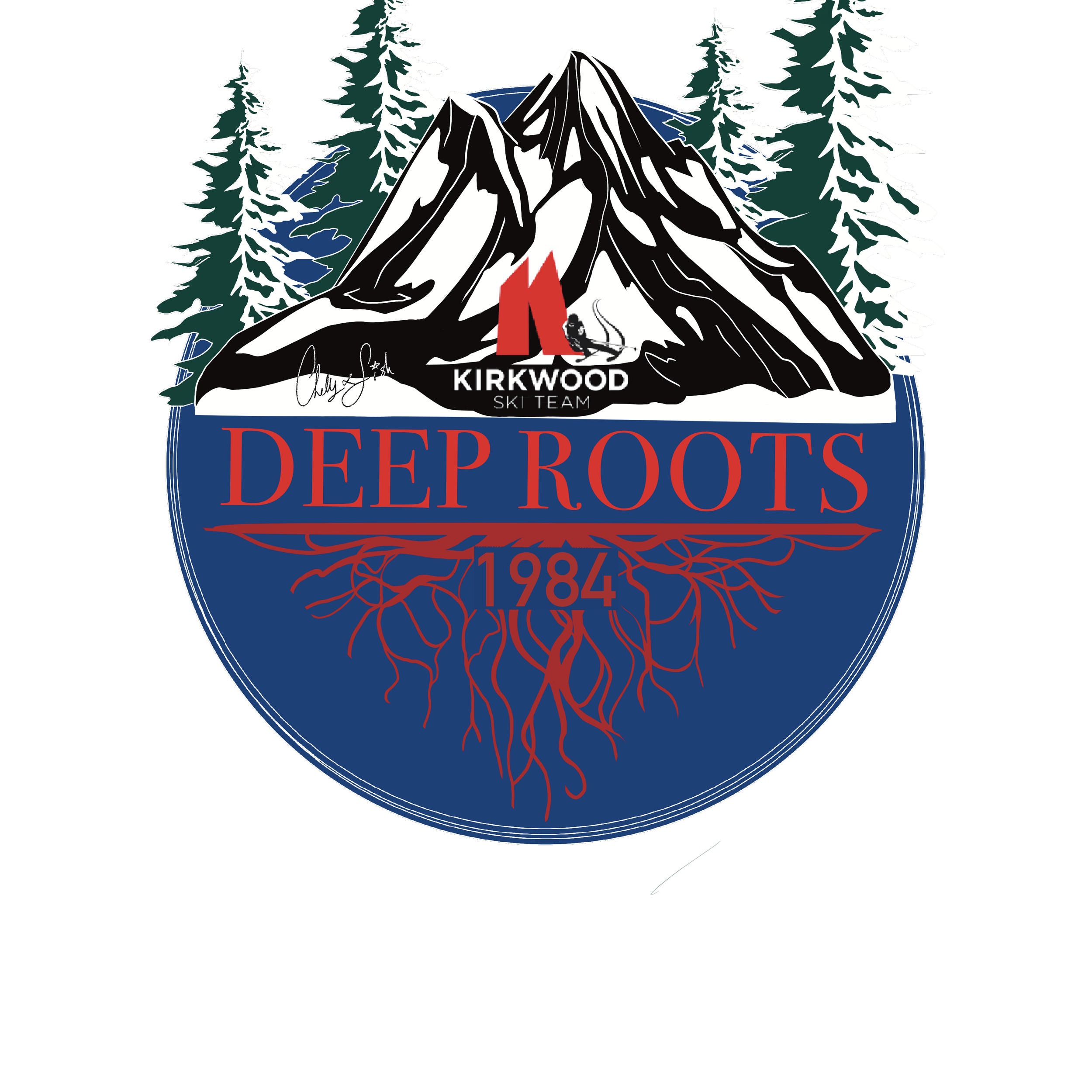 Kirkwood Ski Team Deep Roots logo with mountains, trees, and 1984 roots