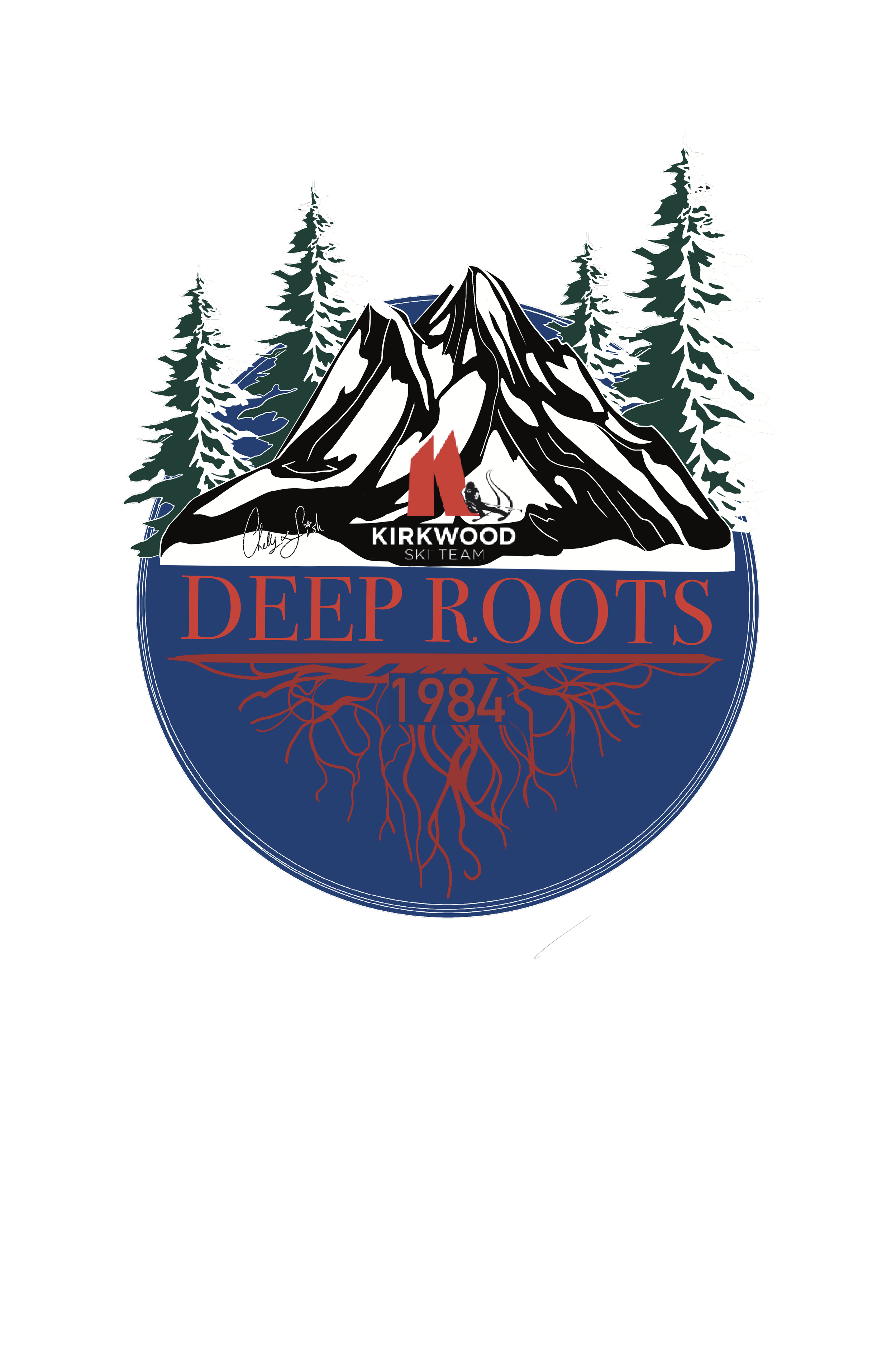Kirkwood Ski Team Deep Roots logo with mountains, evergreen trees, and 1984 roots