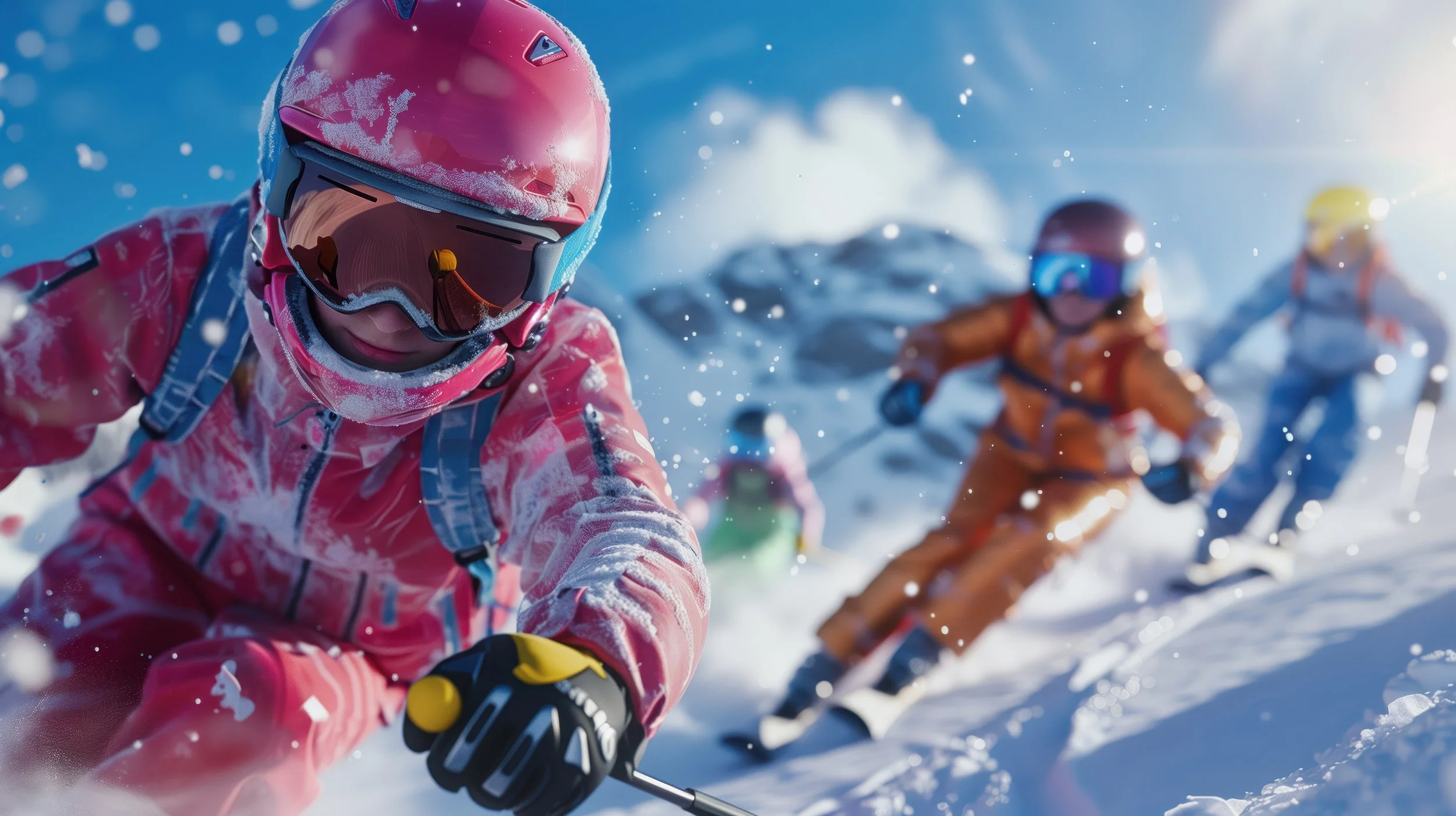 Skiers descending a snowy slope together, illustrating the Kirkwood Ski Education Foundation alumni community