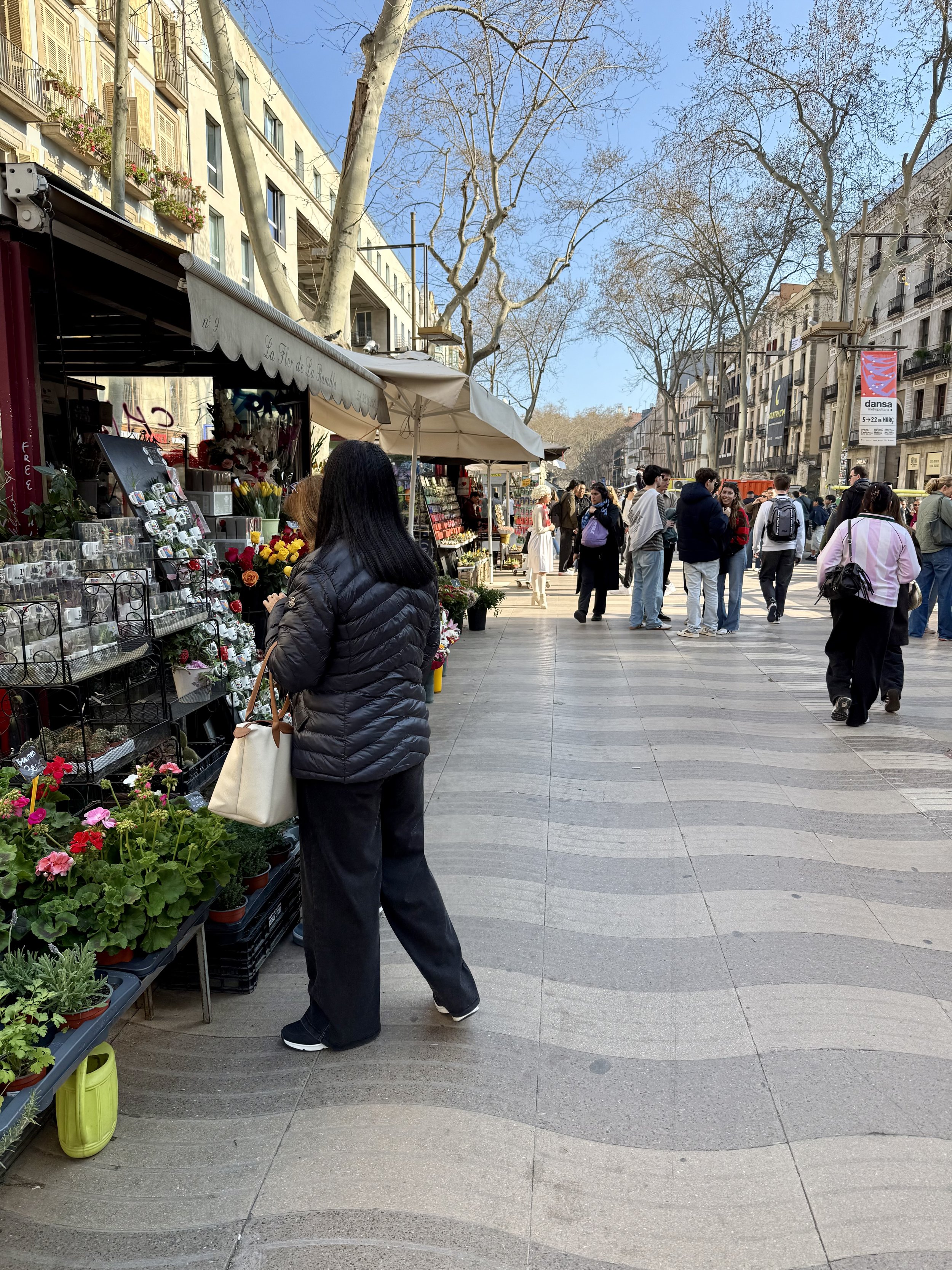 Two people browsing an outdoor flower and plant stall on Las Ramblas