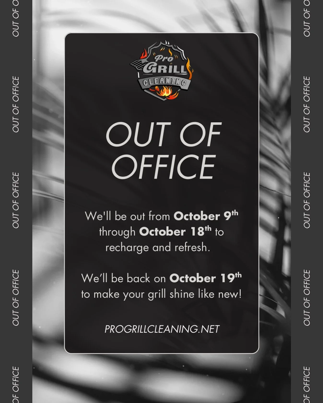 📣 Important Update 📣

Pro Grill Cleaning will be closed from October 9th through October 18th to recharge and refresh 🔧✨

We&rsquo;ll be back on October 19th, ready to make your grills shine like new!

Thank you for your continued support 💙

#Pro