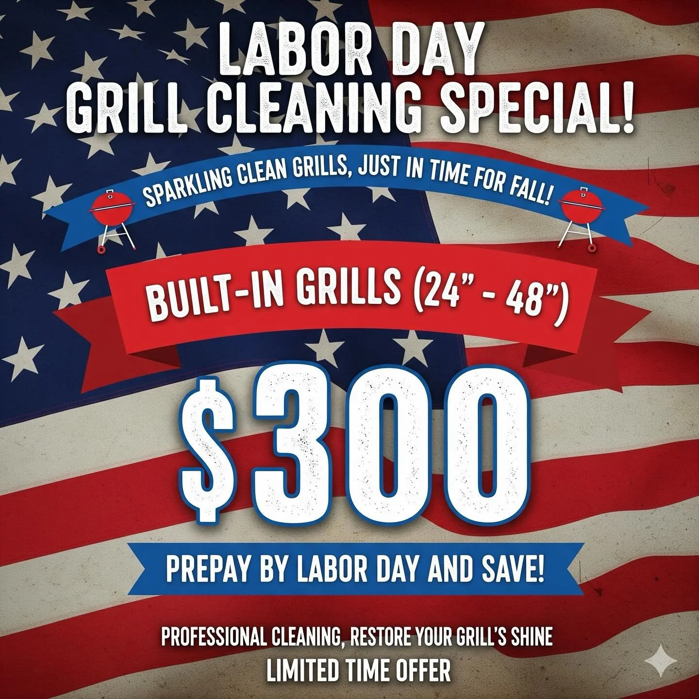 LABOR DAY SALE‼️ Prepay your next grill cleaning by Labor Day on any grill between 24&rdquo; to 48&rdquo; and save! You can Zelle Progrillcleaningfl@gmail.com send us a picture of your payment and we will save the date for you‼️ Sorry no access after