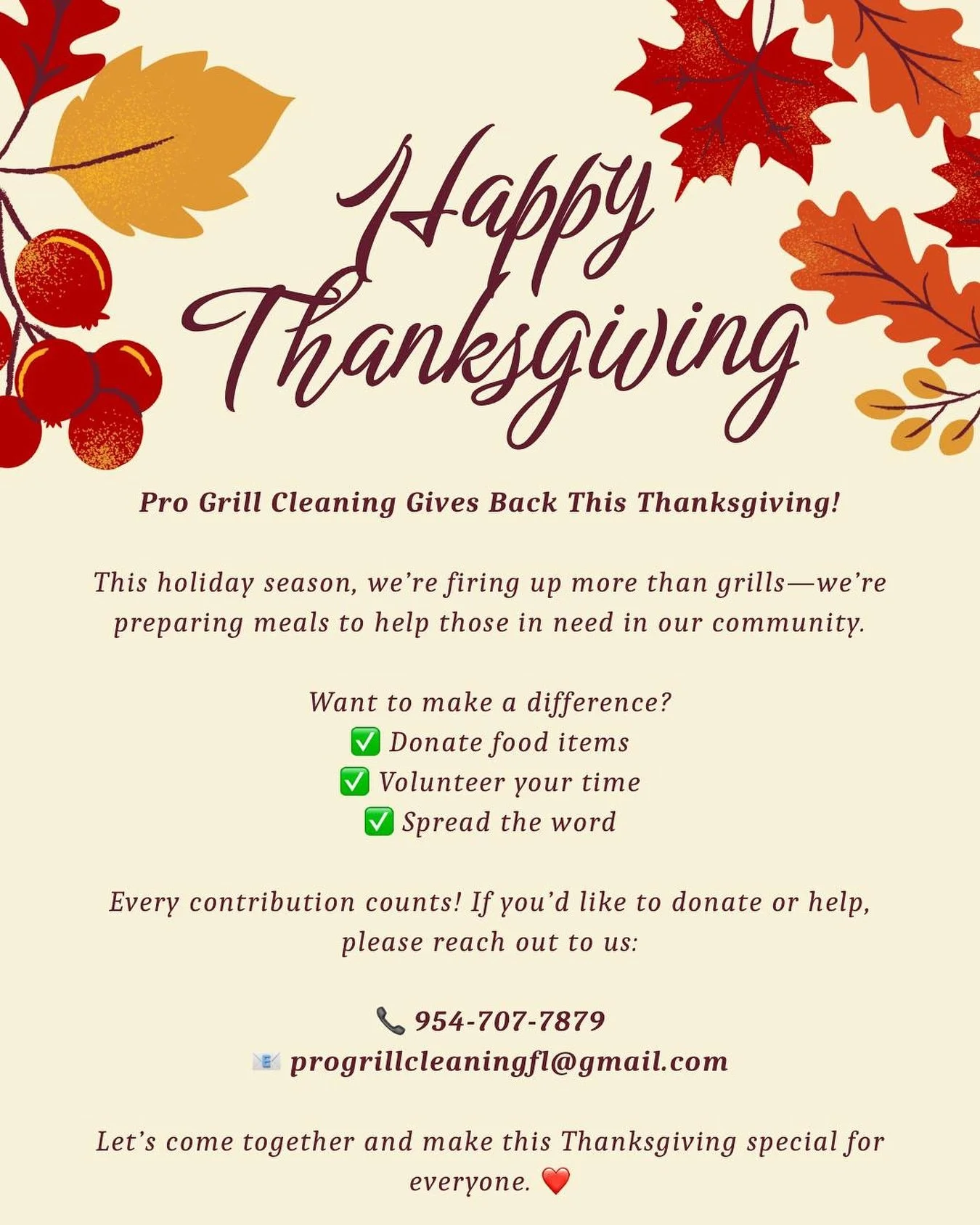 🦃✨ Giving thanks by giving back! This Thanksgiving, Pro Grill Cleaning is serving up kindness with a side of community spirit. Join us in making the holiday brighter for those in need &mdash; donate, volunteer, or simply spread the word. Every act o