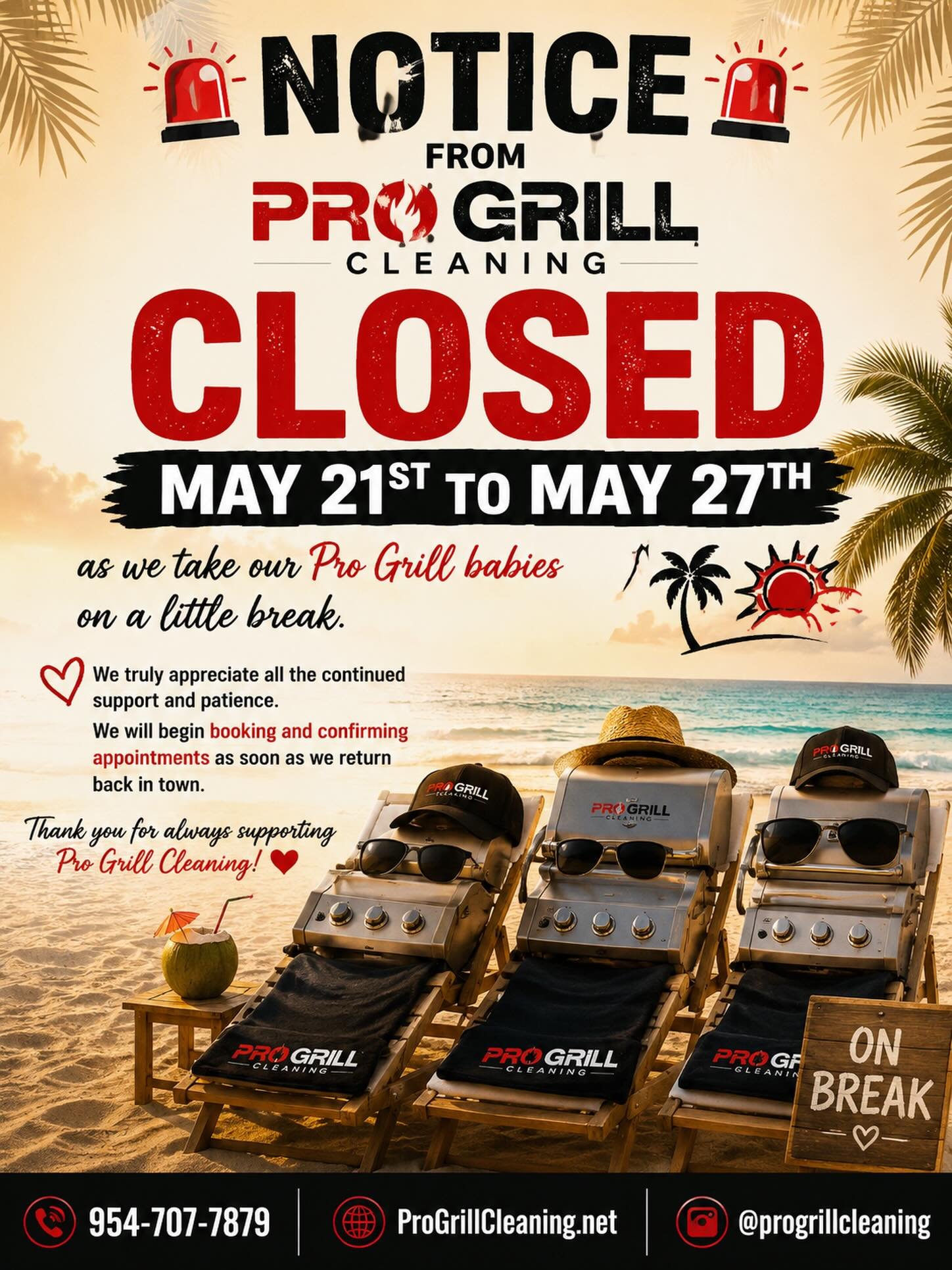 Pro Grill Cleaning will be closed, but we&rsquo;re still booking appointments!
Text us to reserve your spot we look forward to serving you soon. ☎️ 954-707-7879