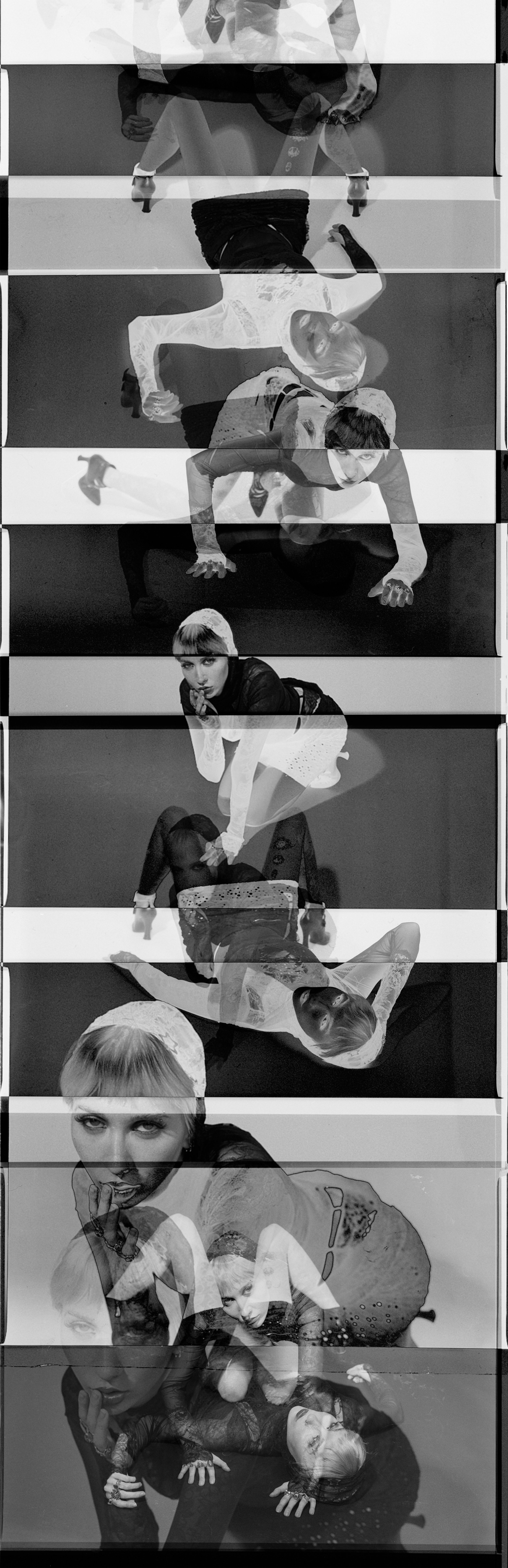 Black-and-white film strip of figures crawling and posing across repeated multiple exposures. By Hartenjager.