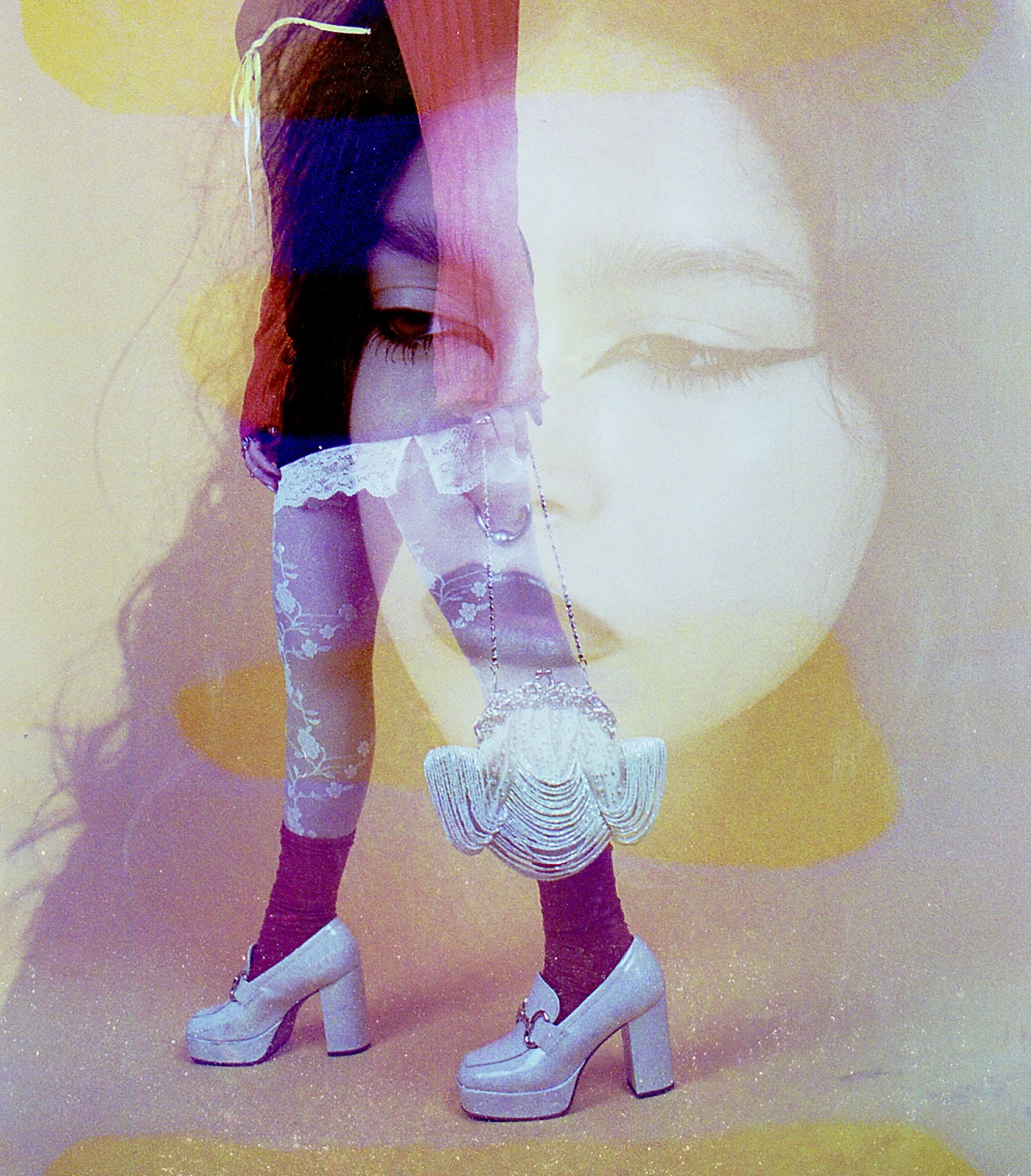 Film soup portrait: a face in pastel tones layered over legs in pink socks and white platform heels. Chemical Subscura by Hartenjager.