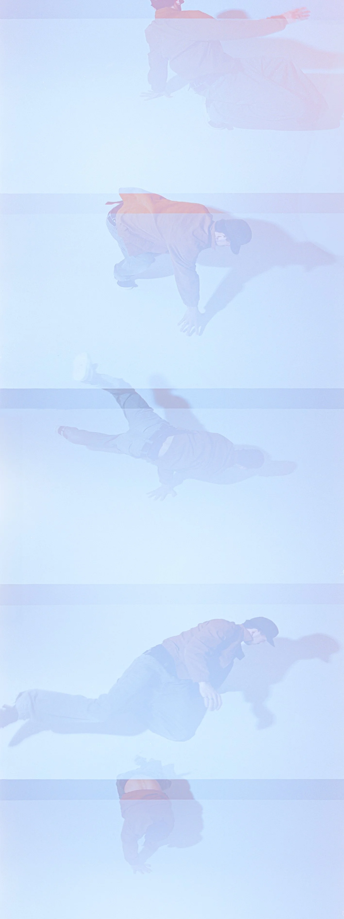 Vertical film strip of small figures stretching and floating across pale blue multiple exposures. By Hartenjager.