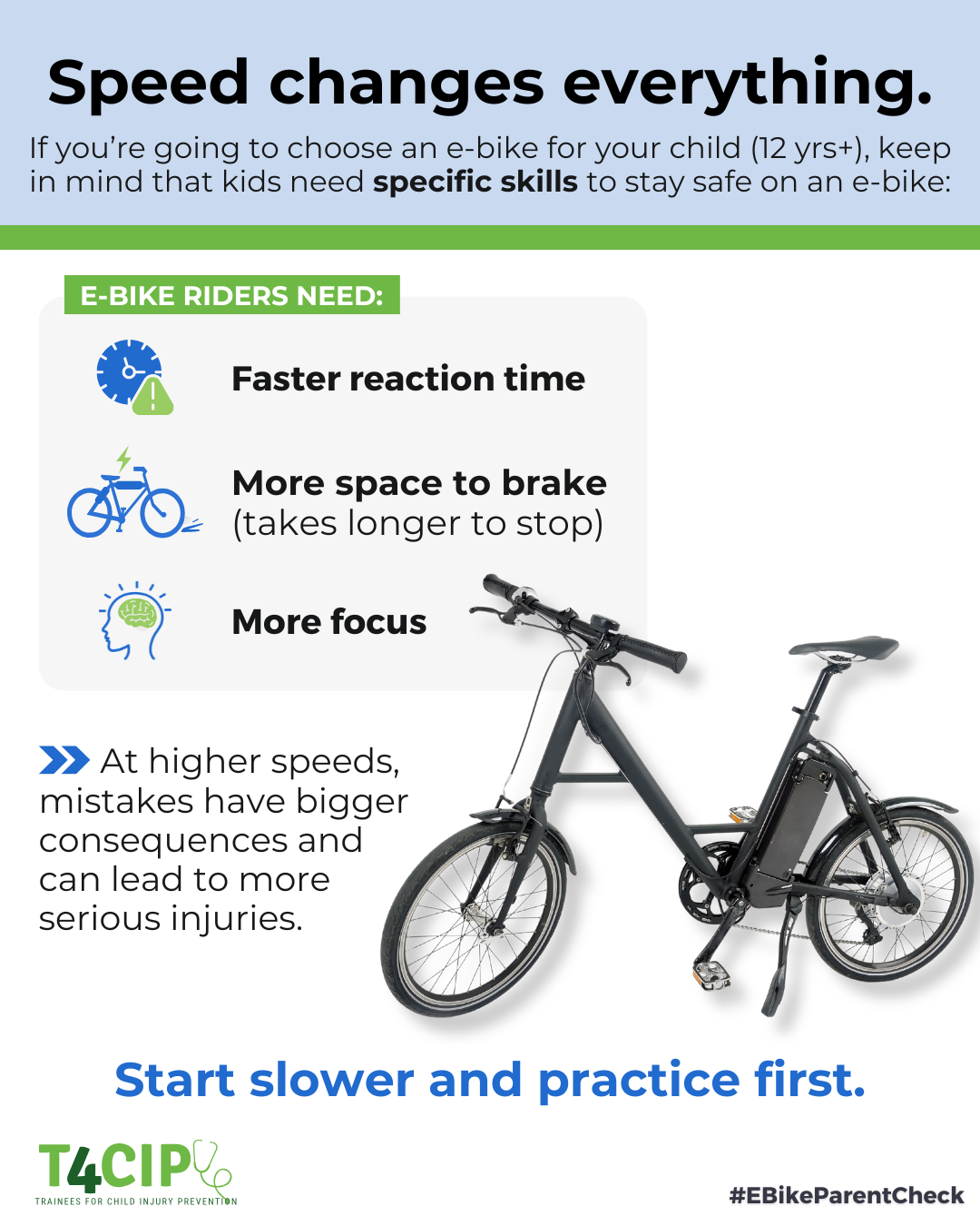A safety guide for children riding e-bikes, emphasizing the importance of speed management, with text and icons about reaction time, braking distance, and focus, alongside an image of an electric bike.