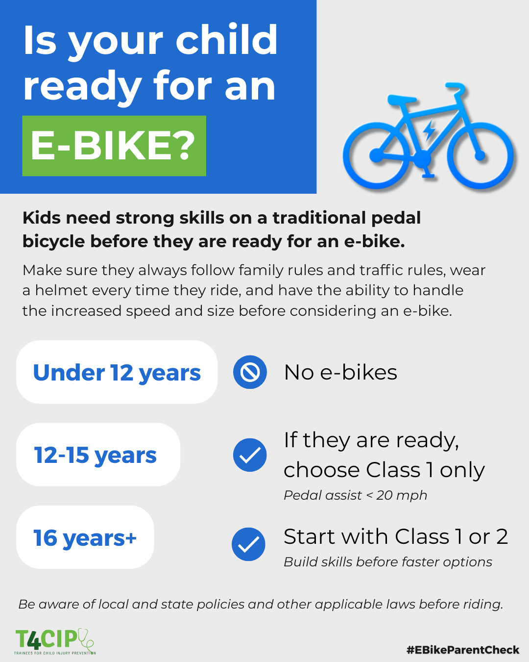 An informational graphic about children and e-bikes, emphasizing the importance of skills development on traditional pedal bicycles for different age groups, with recommendations for safety and progression.