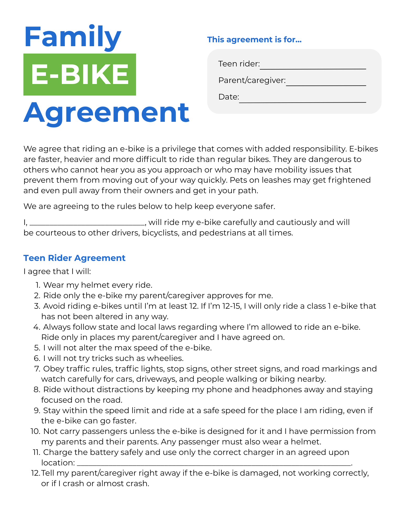 A family e-bike agreement document with a title, a section for rider and parent names, and a detailed set of rules and guidelines for safe riding.