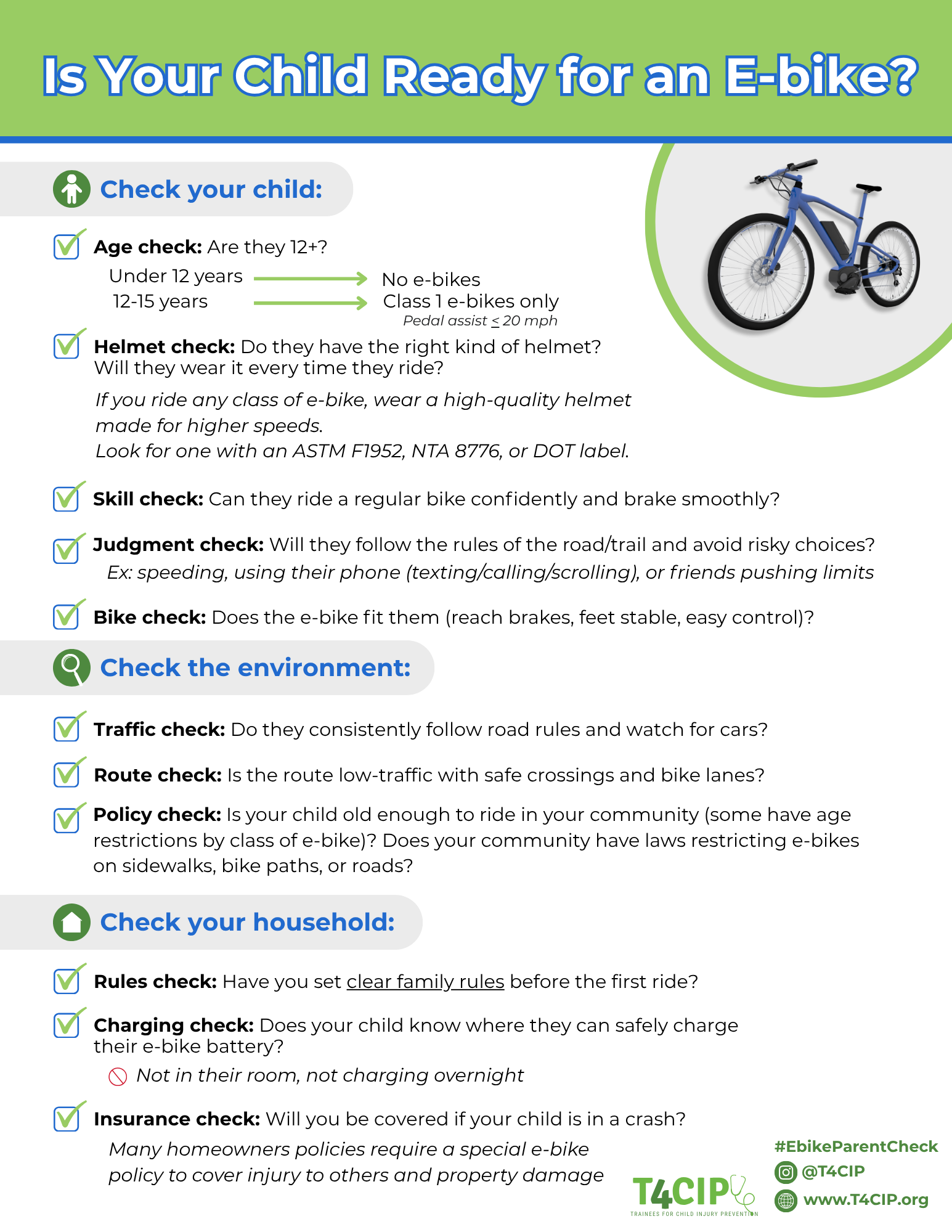 A checklist titled 'Is Your child Ready for an E-bike?' with various checks for safety and preparedness, including age, helmet, skill, judgment, bike, environment, household, insurance, and charging, accompanied by a blue e-bike illustration.