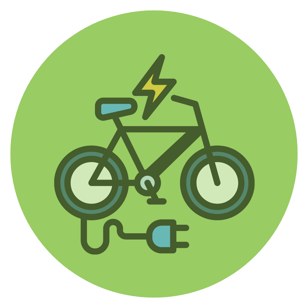 Icon of an electric bicycle with a charging plug and a lightning bolt, set against a green circular background.