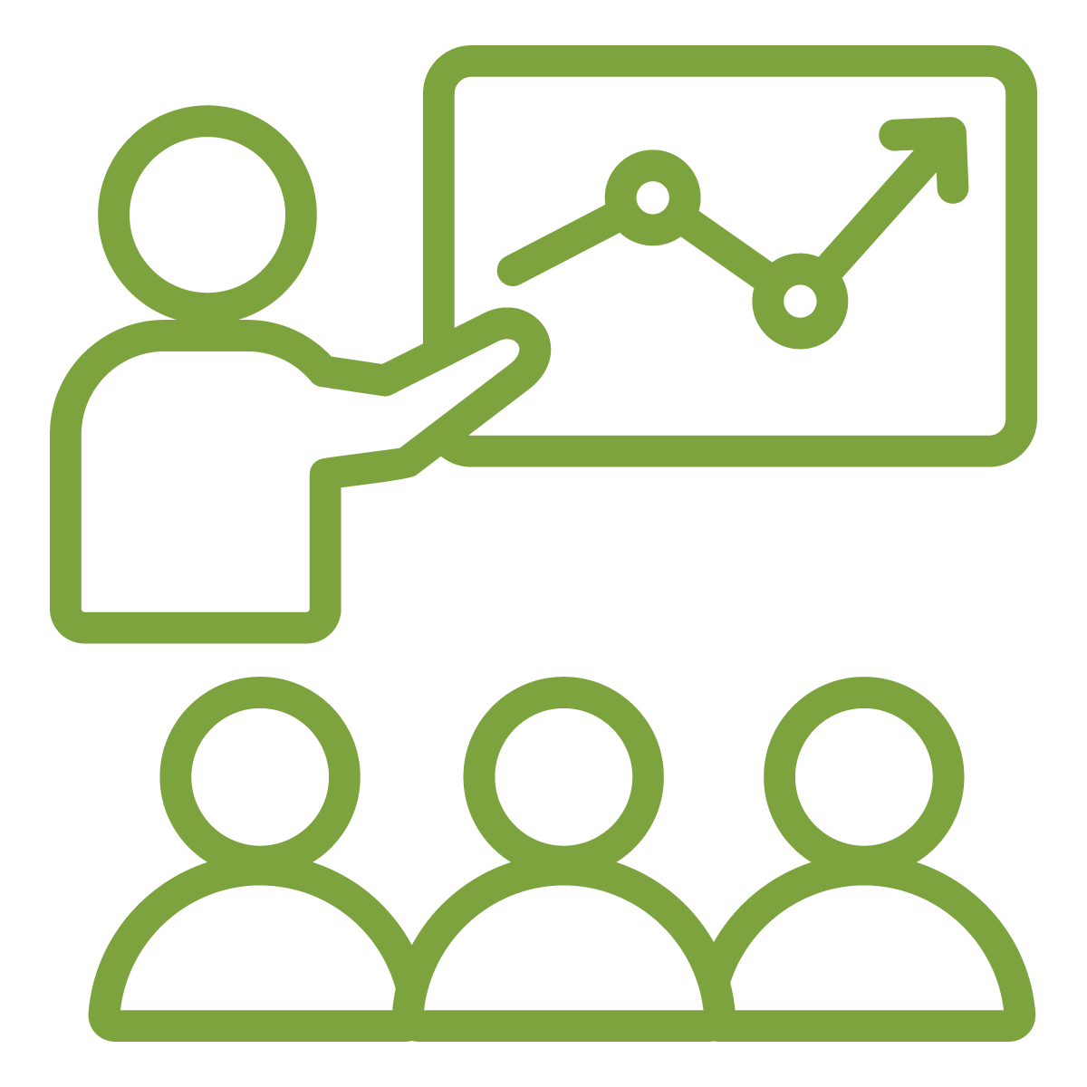 A green outline of a person giving a presentation to an audience, with a line graph on a board showing an upward trend.