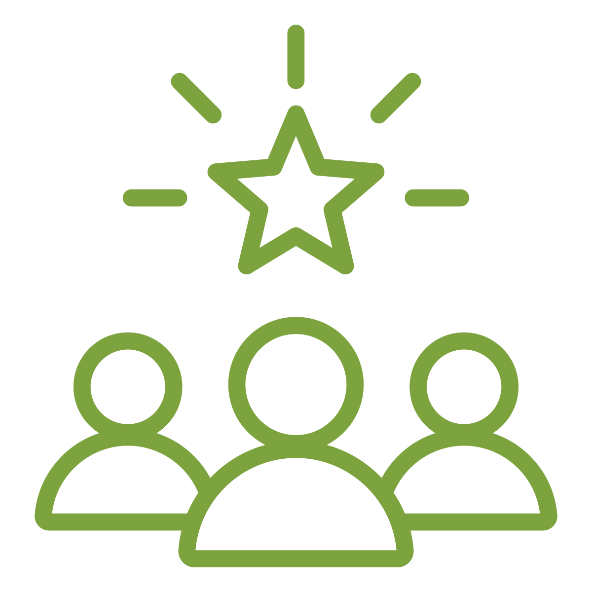 Outline of three people with a star above them and lines radiating from the star.