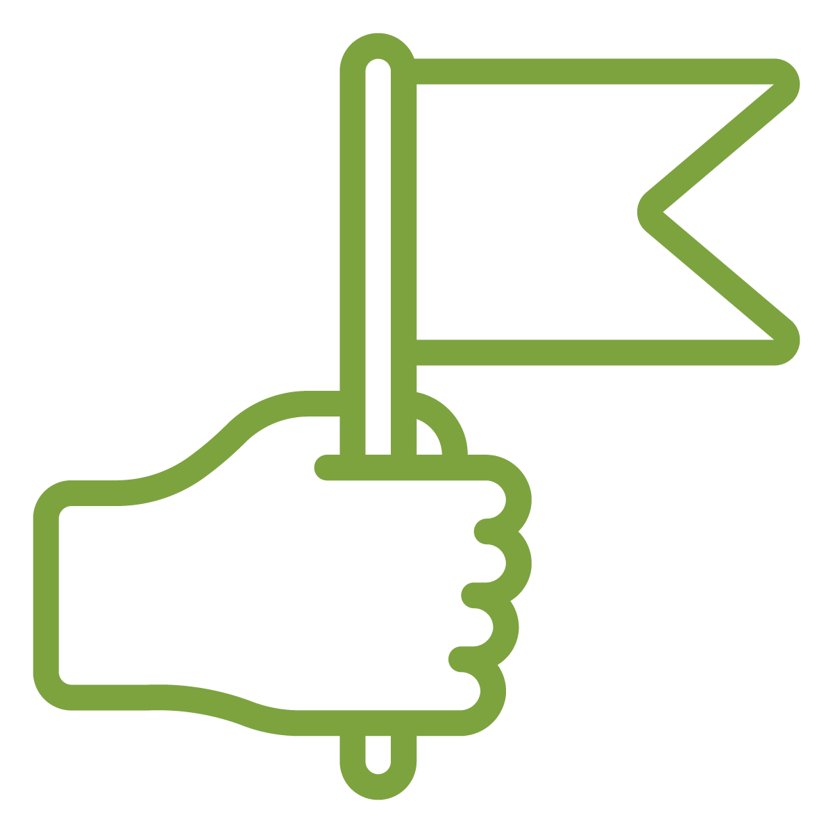 Outline of a hand holding a flagpole with a blank flag.