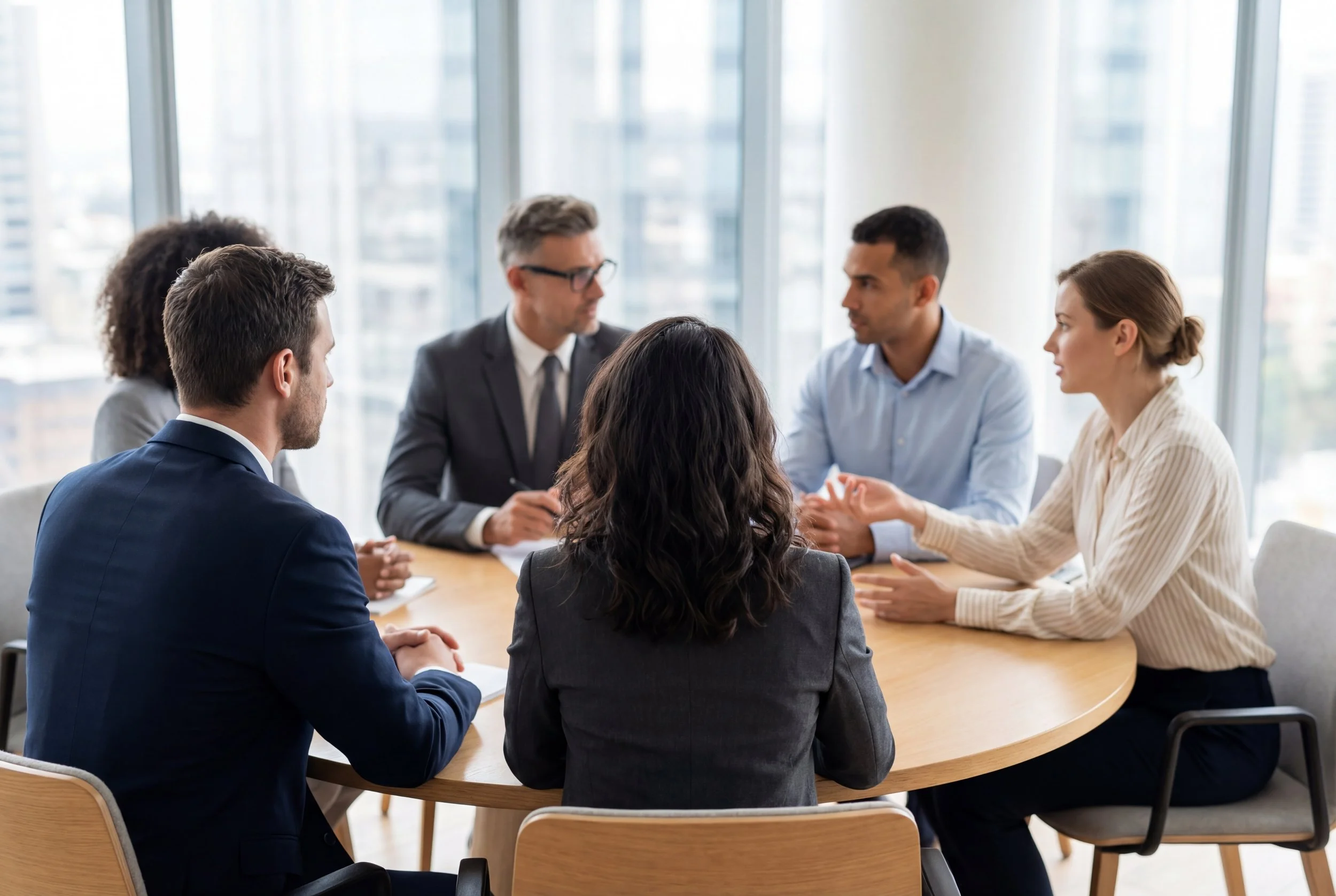Six professionals engaged in a business meeting around a wooden conference table in a high-rise office with large windows and city views.
