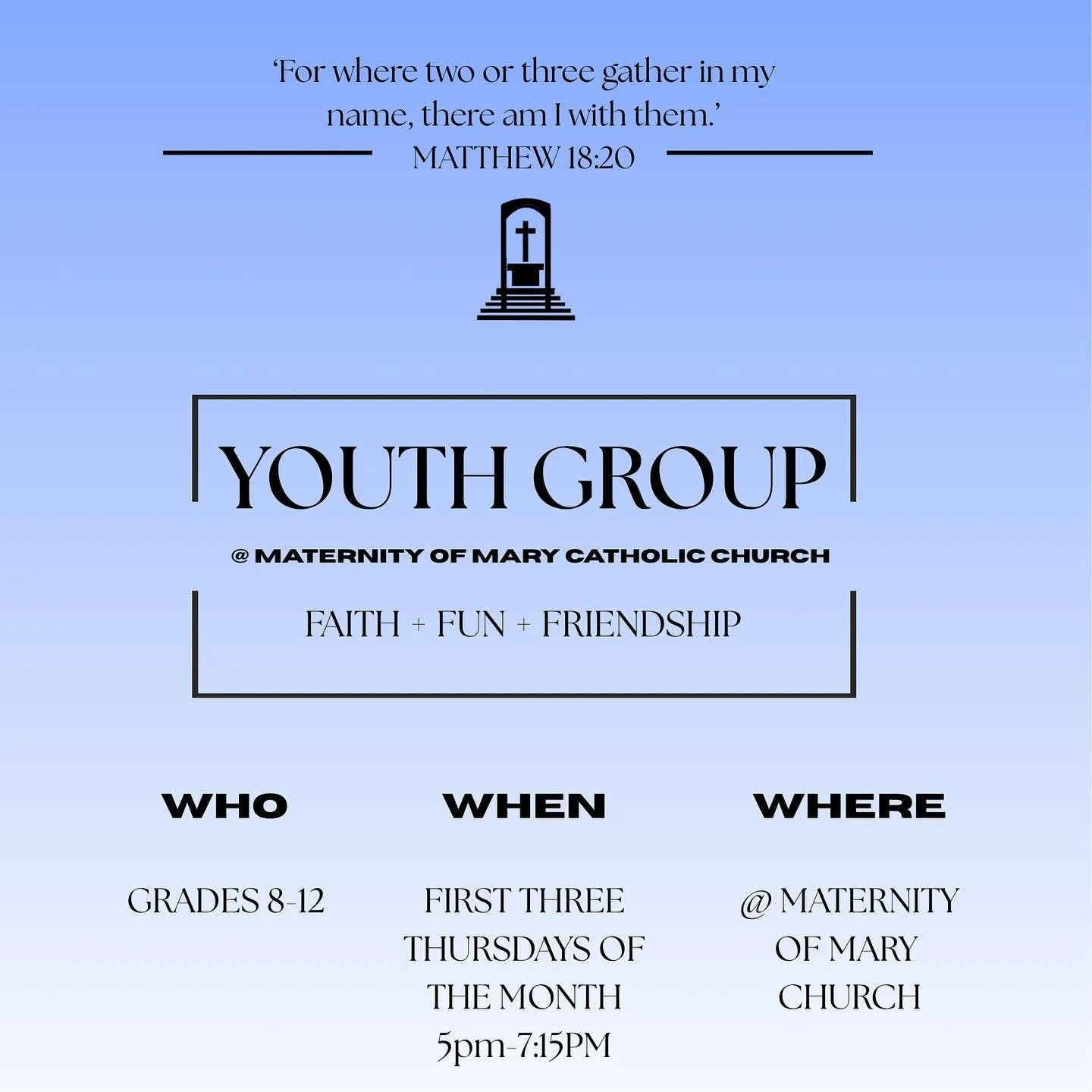 Come to our Youth group tomorrow to try it out!! We will have dinner, games, new friends, and more! Come through door 7 through the school!