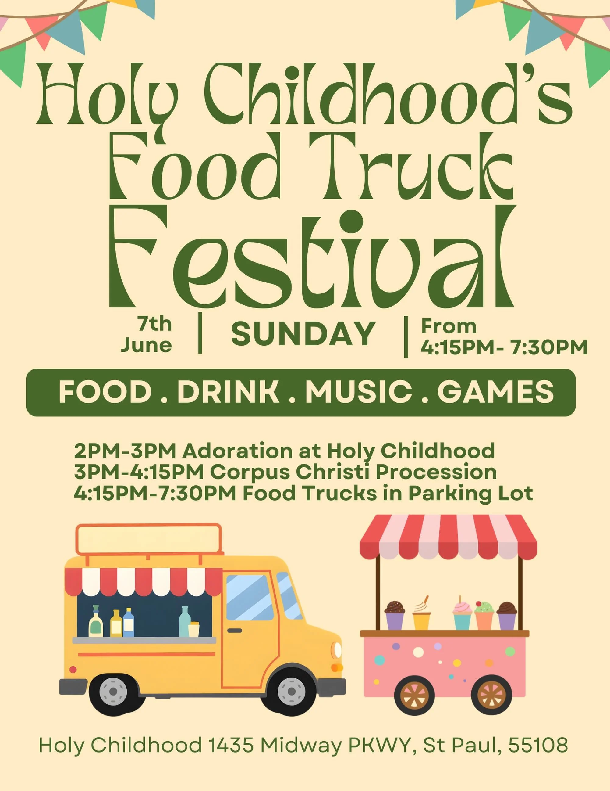 Join us on Corpus Christi Sunday for a procession around Como area and food trucks at Holy Childhood to follow!