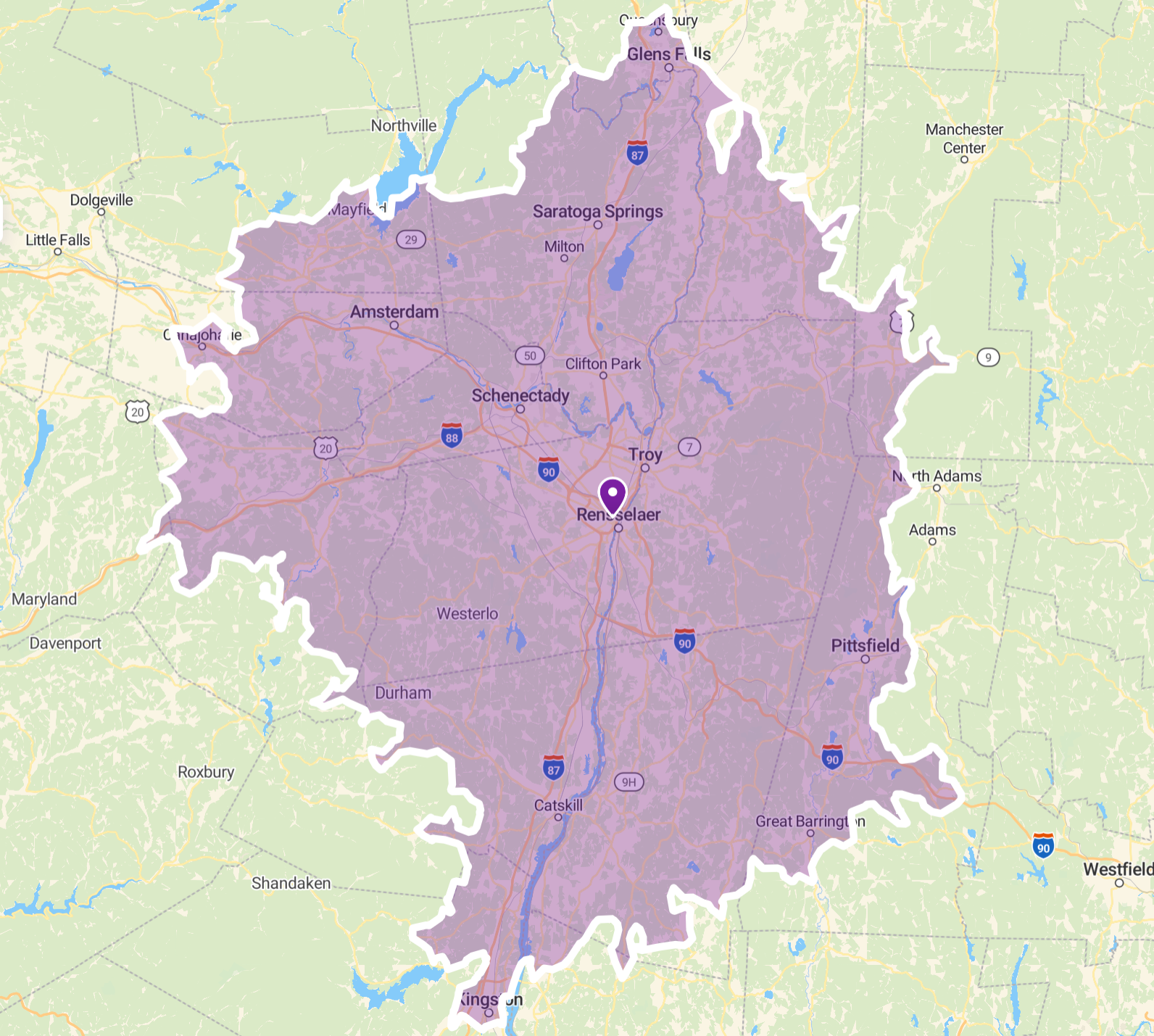 Capital Region New York service area map within one hour of Albany NY