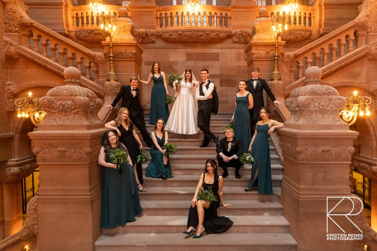 Wedding party portraits inside the New York State Capitol in Albany NY