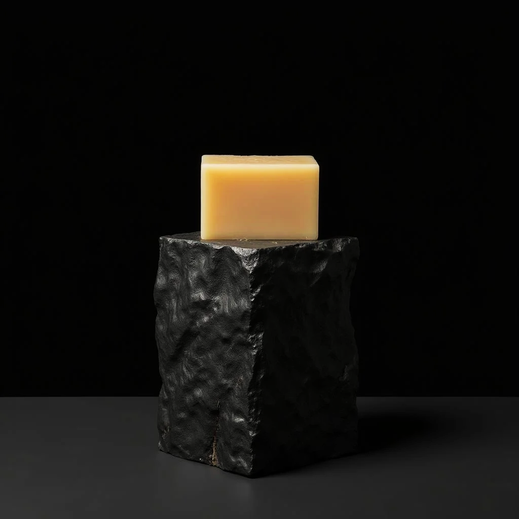a pale yellow square soap bar sits on top of a grey black textured bumpy rectangular glossy podium