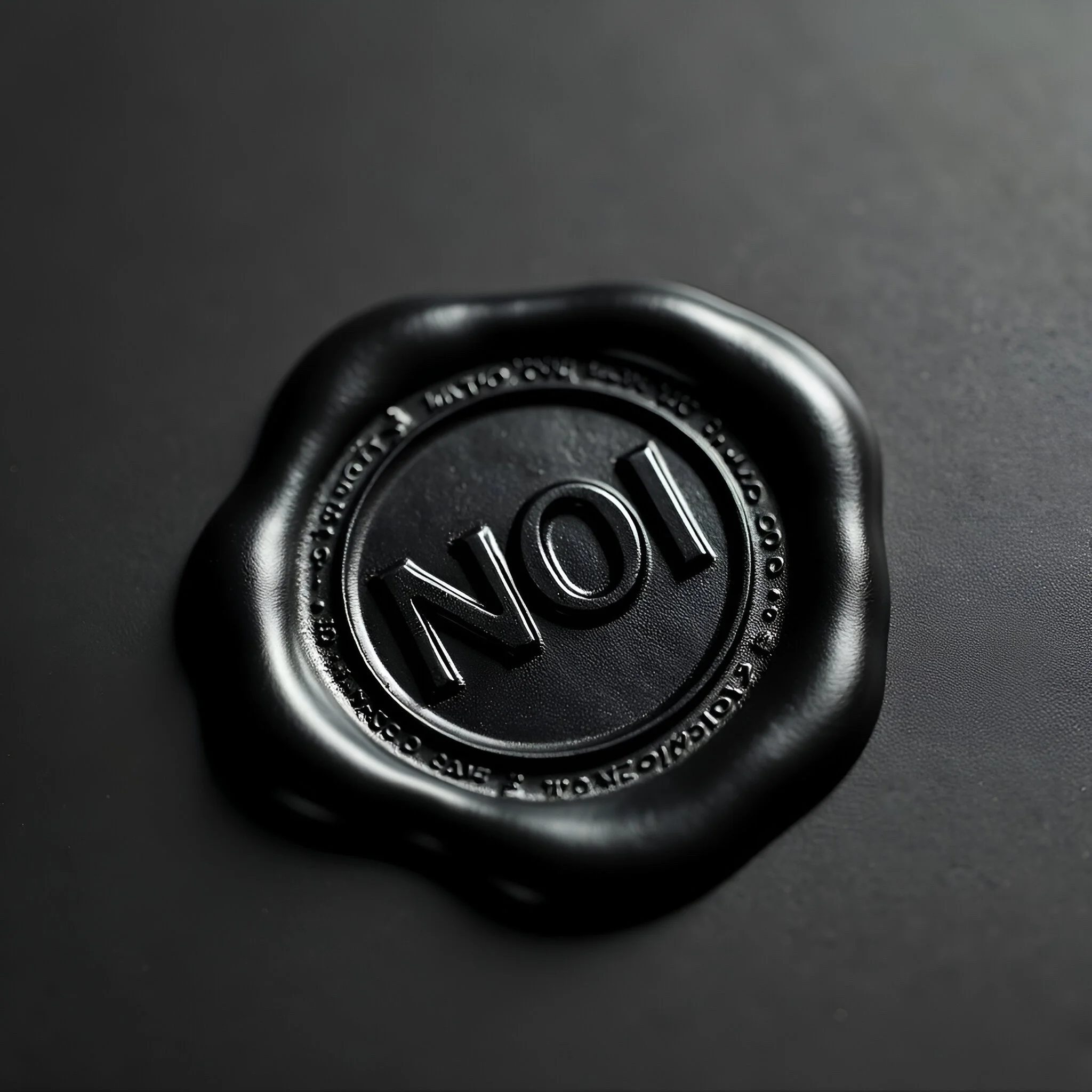 Black wax seal with the letters 'NO' embossed in the center, on a dark surface.