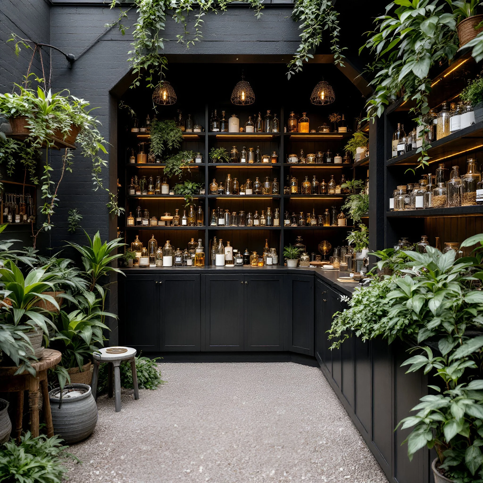 A botanical-style room with a black wall unit filled with glass bottles and jars, surrounded by lush green plants and hanging greenery, with small furniture pieces and potted plants.