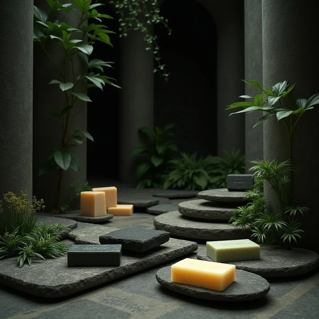 Scented soap bars on stone slabs surrounded by lush green plants in a dark, minimalistic space.