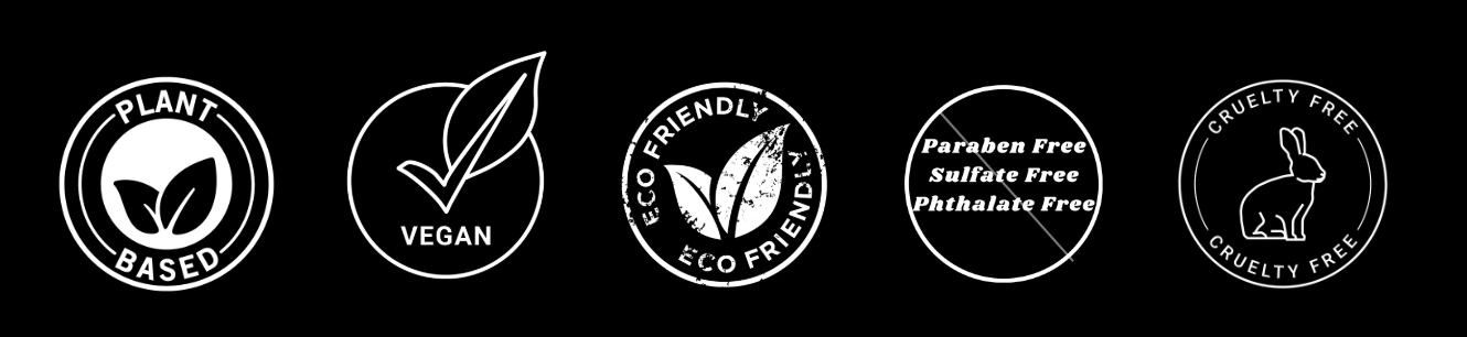 Row of five skincare or cosmetic product labels with eco-friendly and cruelty-free icons, including plant-based, vegan, eco friendly, free of parabens, sulfates, phthalates, and cruelty-free rabbit image.