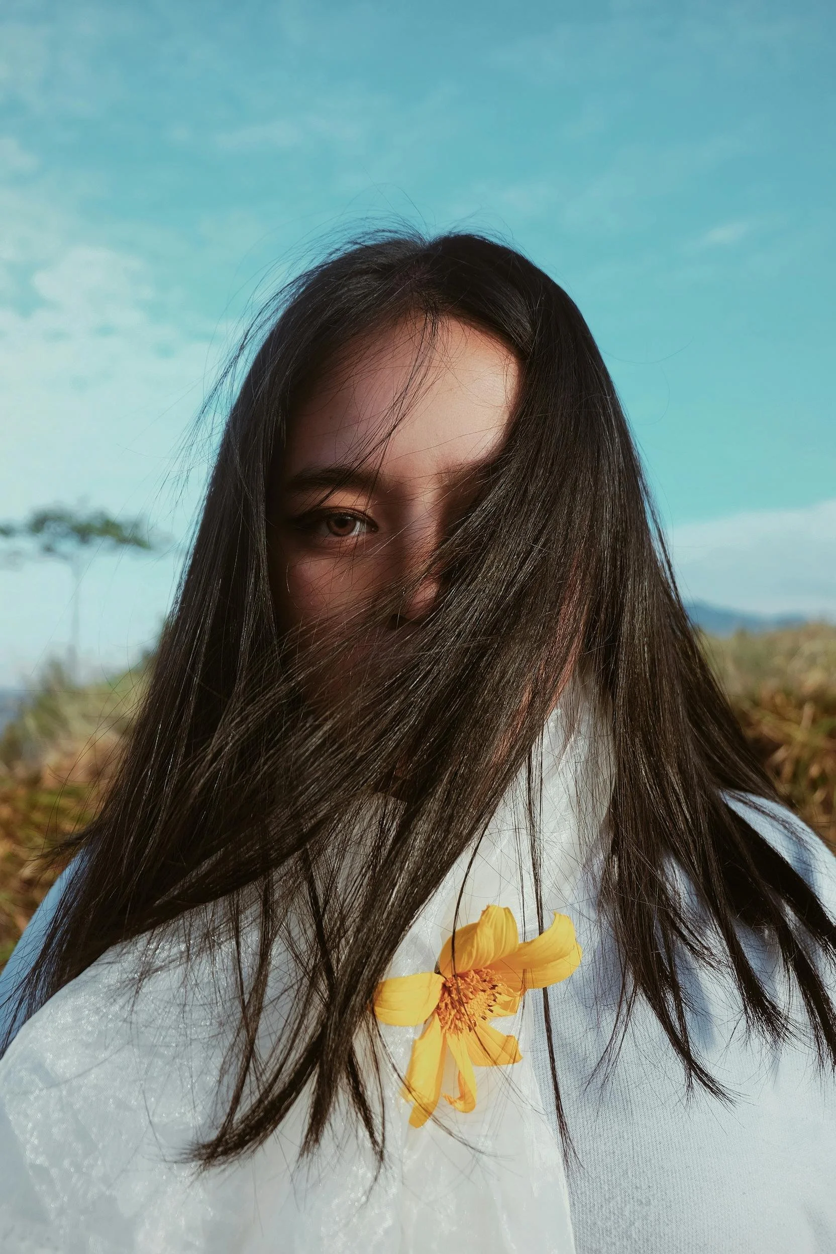 young woman with long straight hair and brown eyes. the wind is blowing to the left. she stands in a field with the wind blowing her hair across her face the sky is blue