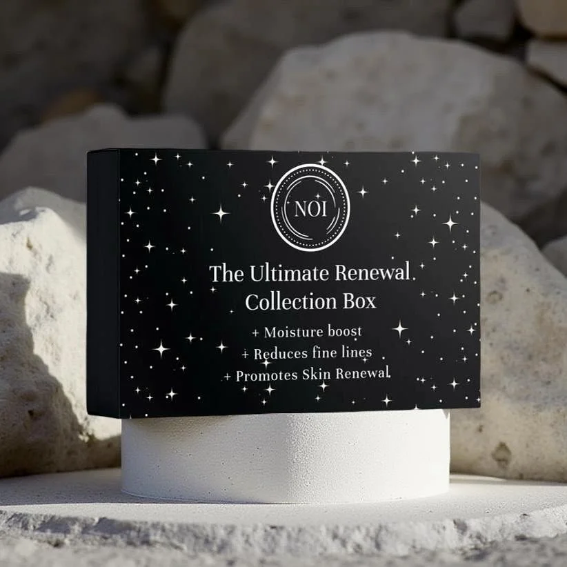 black box with the NOI logo and title The Ultimate Renewal Collection Box for moisture boost, reduce fine lines and promotes skin renewal