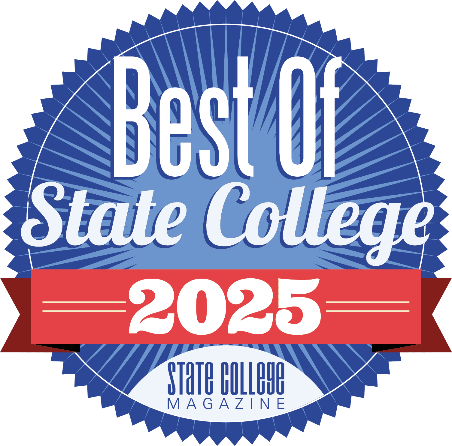 Blue circular badge with white and red text that reads "Best of State College 2025." The badge has a starburst pattern, with a red ribbon banner at the bottom featuring the words "State College Magazine."
