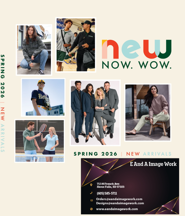 A promotional poster for E and A Image Work featuring images of young adults in casual and business attire, some on a tennis court and others in casual settings, with text indicating spring 2026 new arrivals, contact information, and location.