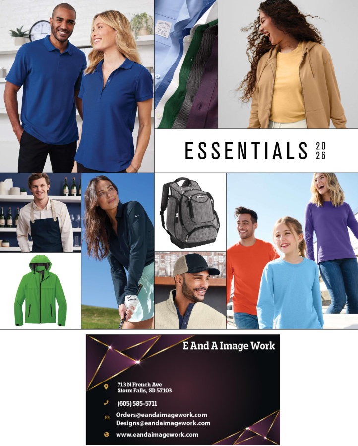 A collage featuring people in casual and business attire, clothing items like polos, jackets, and a backpack, and a business card with contact information for E And A Image Work.