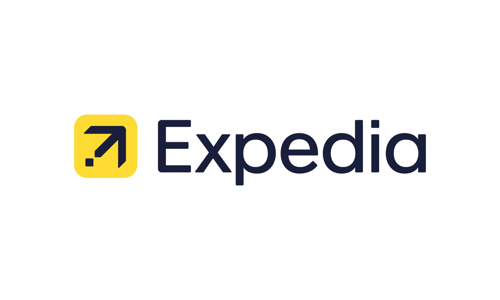 Uber Eats logo with a yellow square containing a black arrow pointing upward and to the right, alongside the word 'Expedia' in dark blue text.