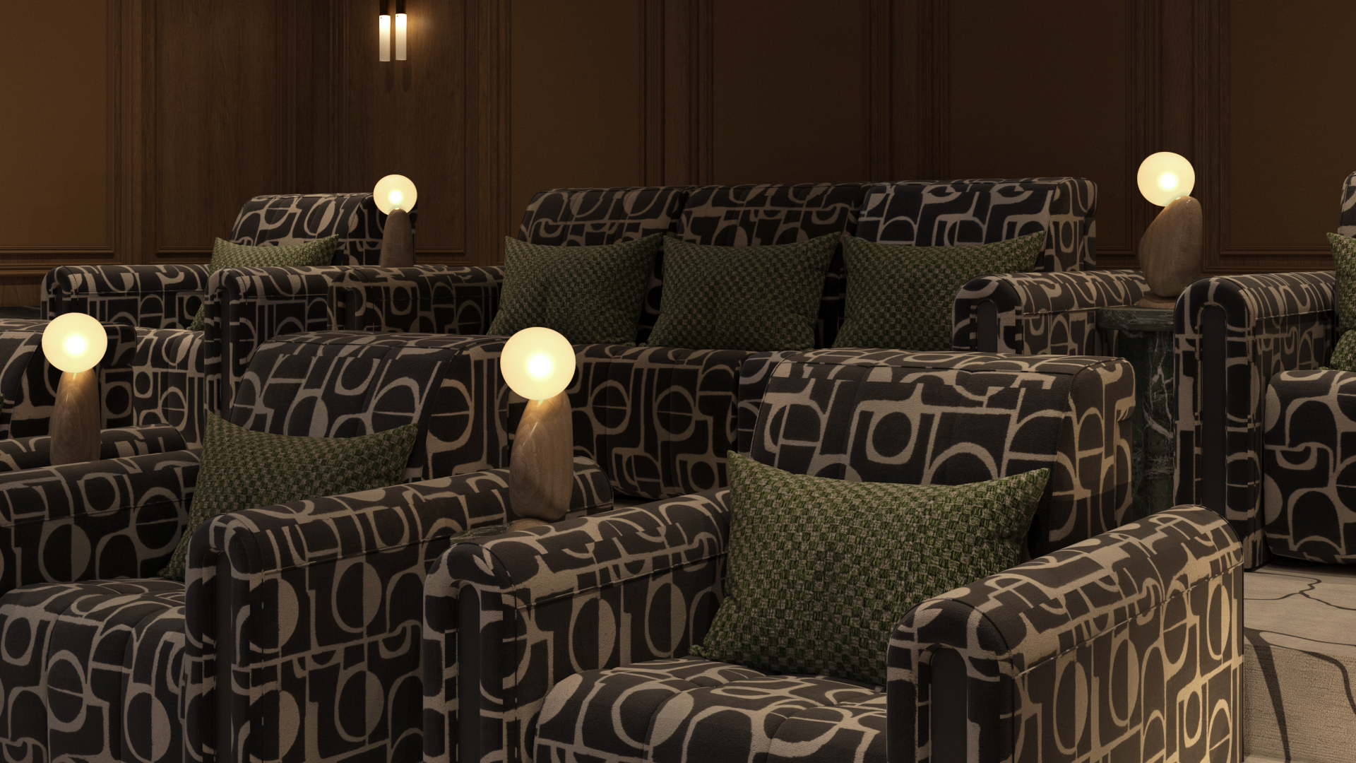 Multiple armchairs with black and white geometric patterned upholstery, green patterned pillows, and small lamps with white round bulbs in a dimly lit room with wooden paneled walls.
