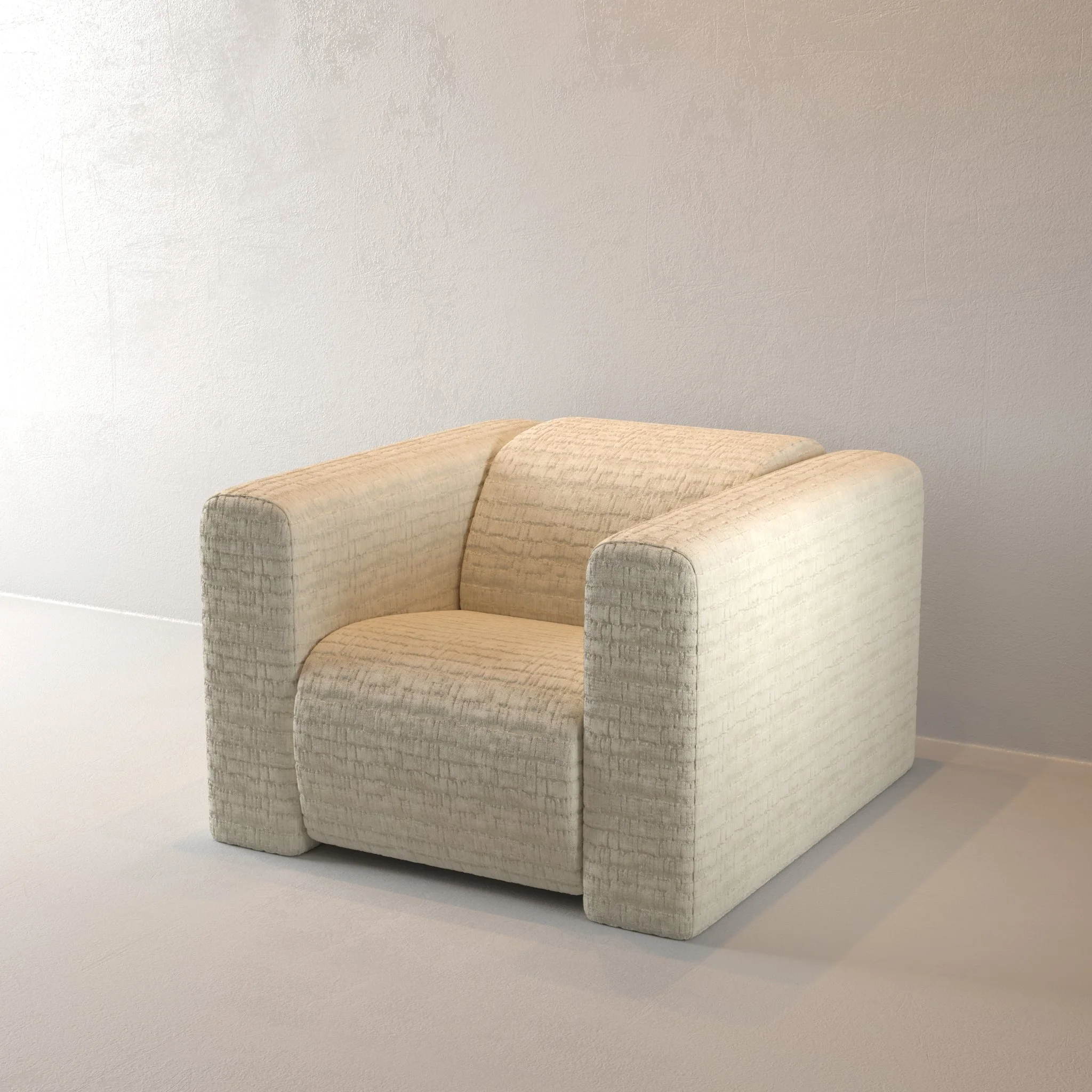 A beige upholstered armchair with textured fabric in a minimalist room.