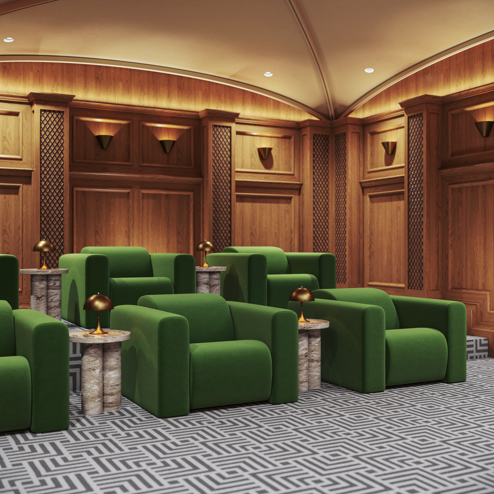 Elegant lounge with green armchairs, marble side tables topped with small lamps, wooden-paneled walls, and patterned carpet.