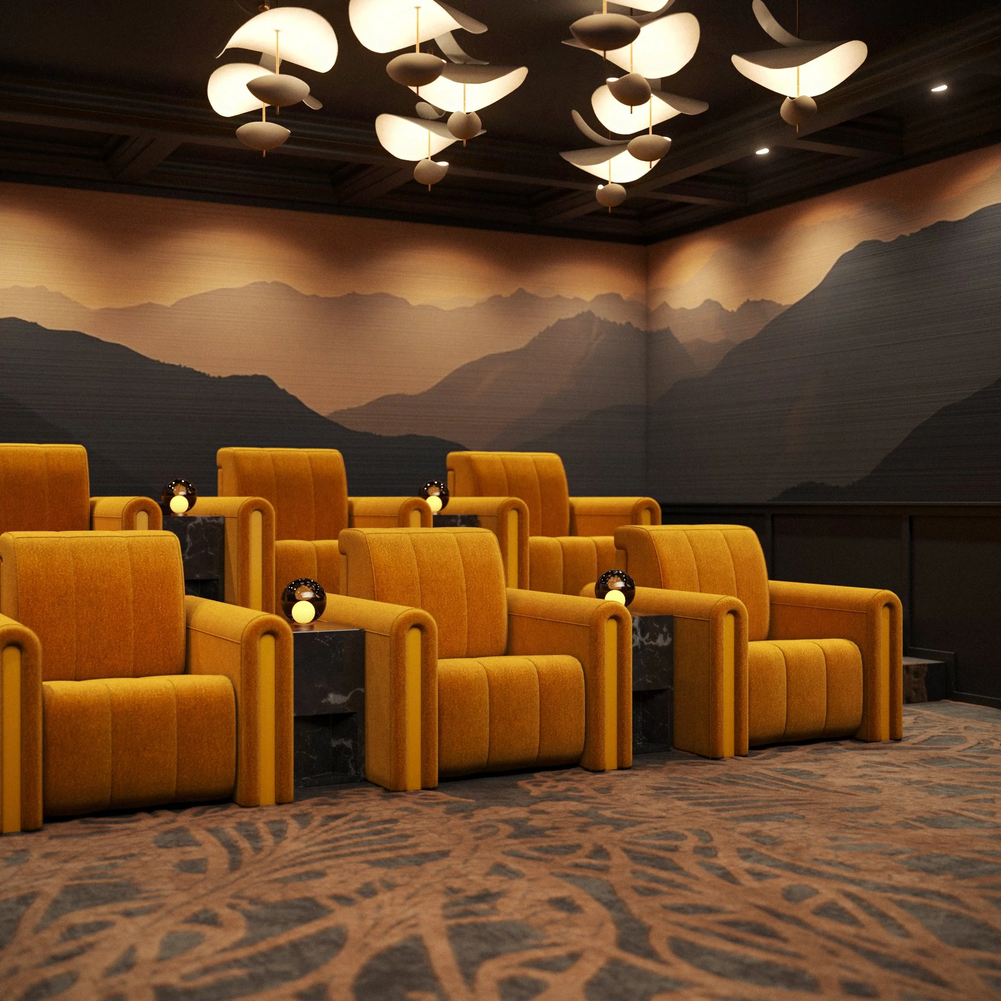 A luxurious movie theater or lounge with plush mustard-yellow armchairs arranged in rows. Each armchair has small black side tables with decorative globes. The back wall features a large mural of mountain ranges in muted tones. Elegant ceiling lights